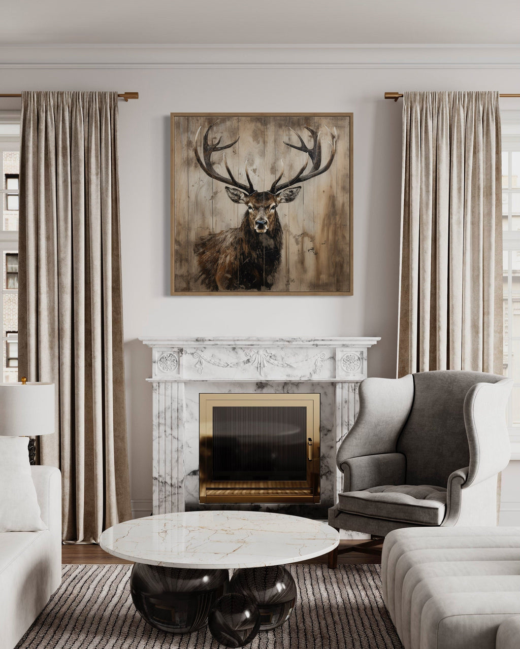 Deer Portrait on Distressed Wood Rustic Framed Canvas Wall Art