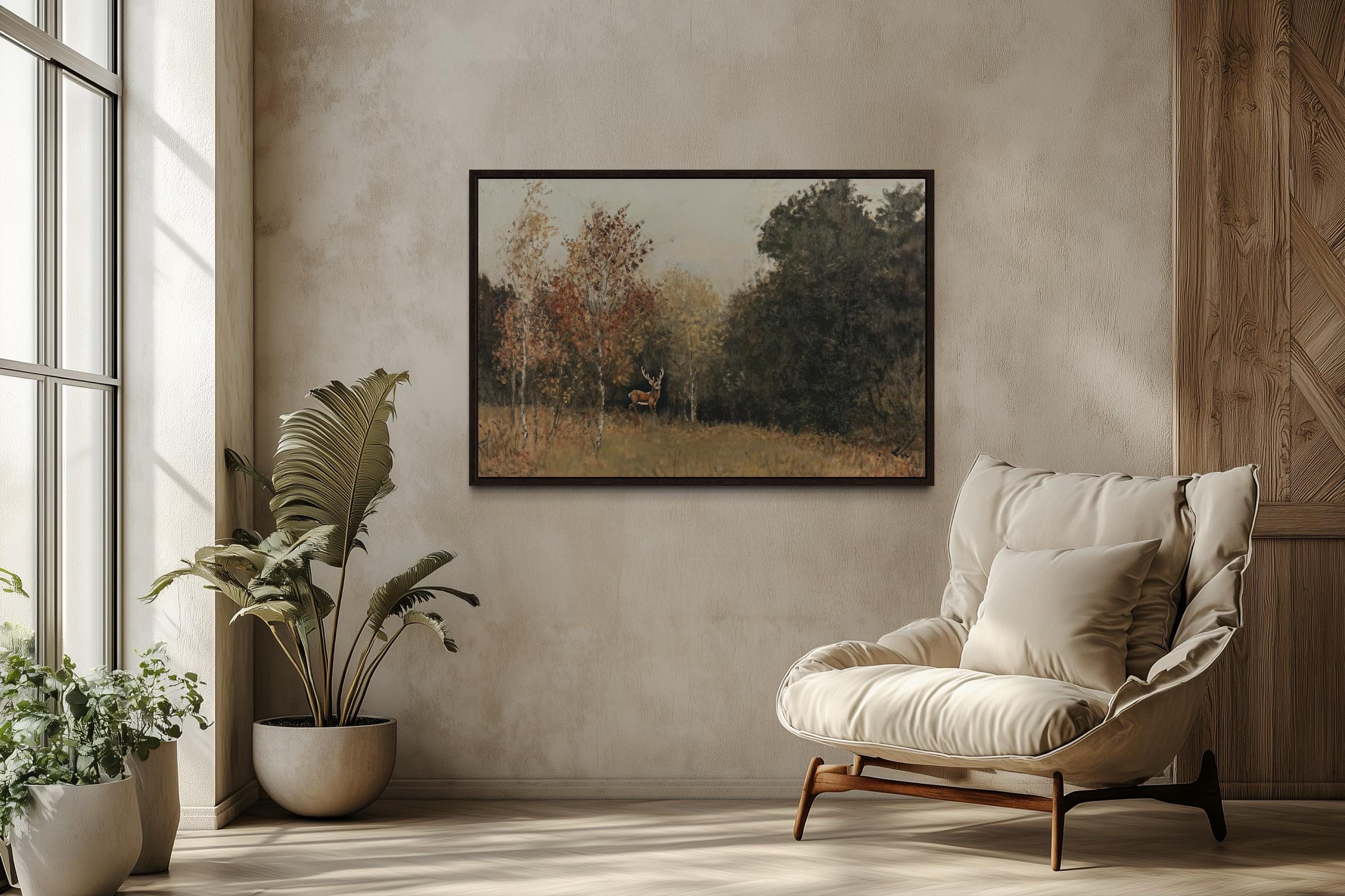 Deer in Autumn Forest Antique Style Canvas Wall Art