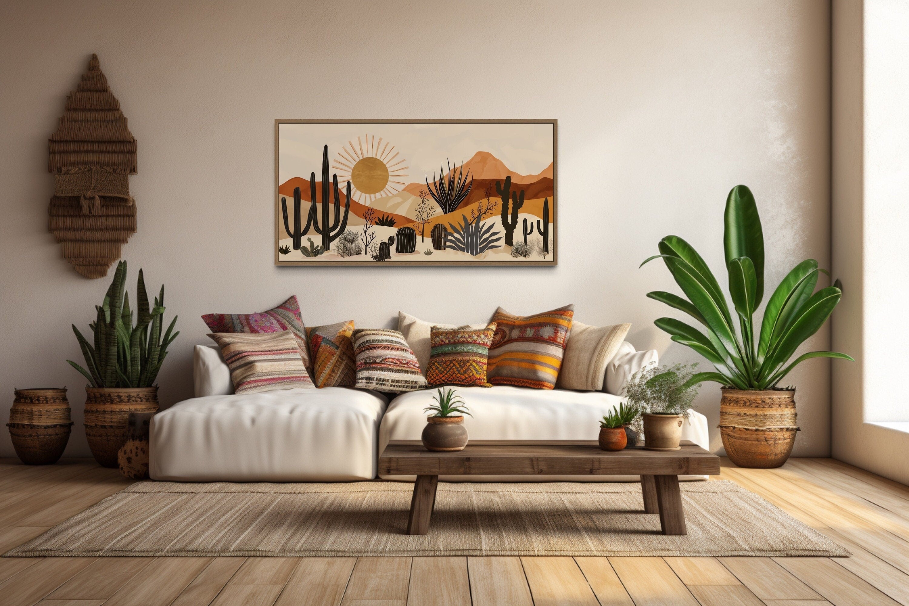 Desert Cactus Wall Art - Mid Century Modern Framed Canvas Print for Living Room Decor