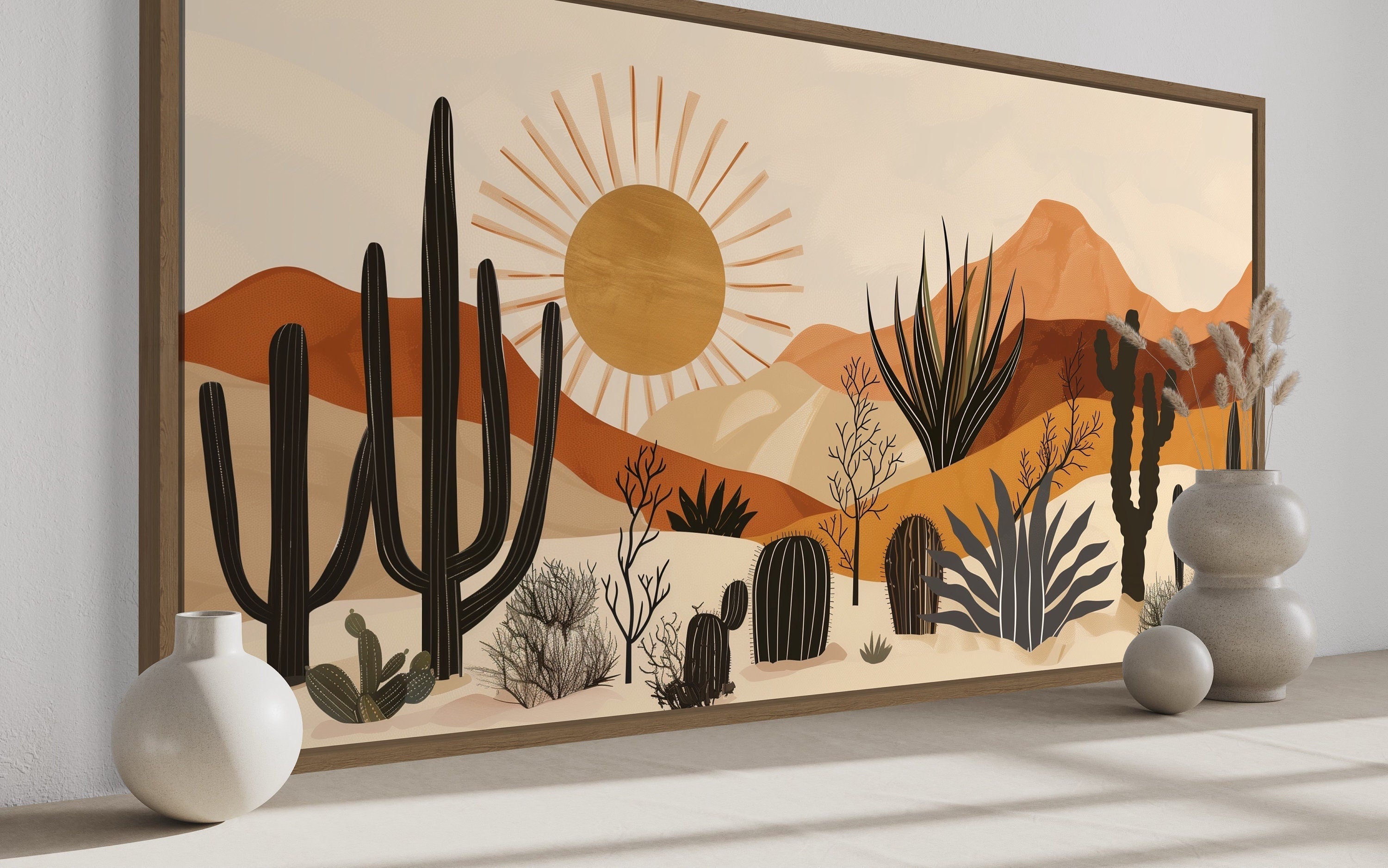 Desert Cactus Wall Art - Mid Century Modern Framed Canvas Print for Living Room Decor
