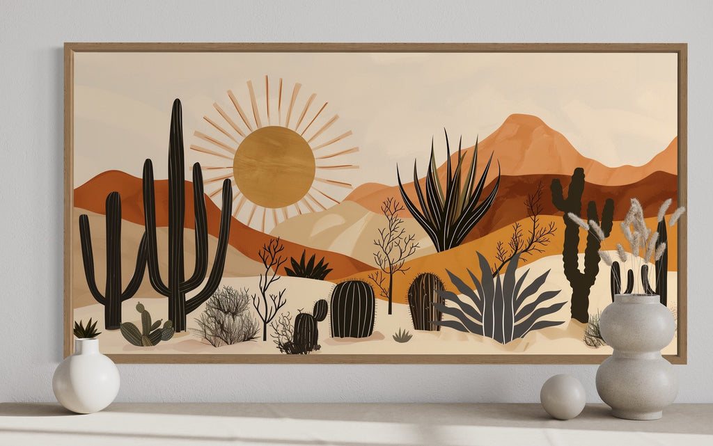 Desert Cactus Wall Art - Mid Century Modern Framed Canvas Print for Living Room Decor