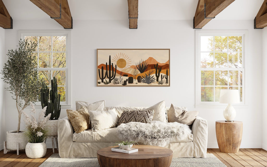 Desert Cactus Wall Art - Mid Century Modern Framed Canvas Print for Living Room Decor