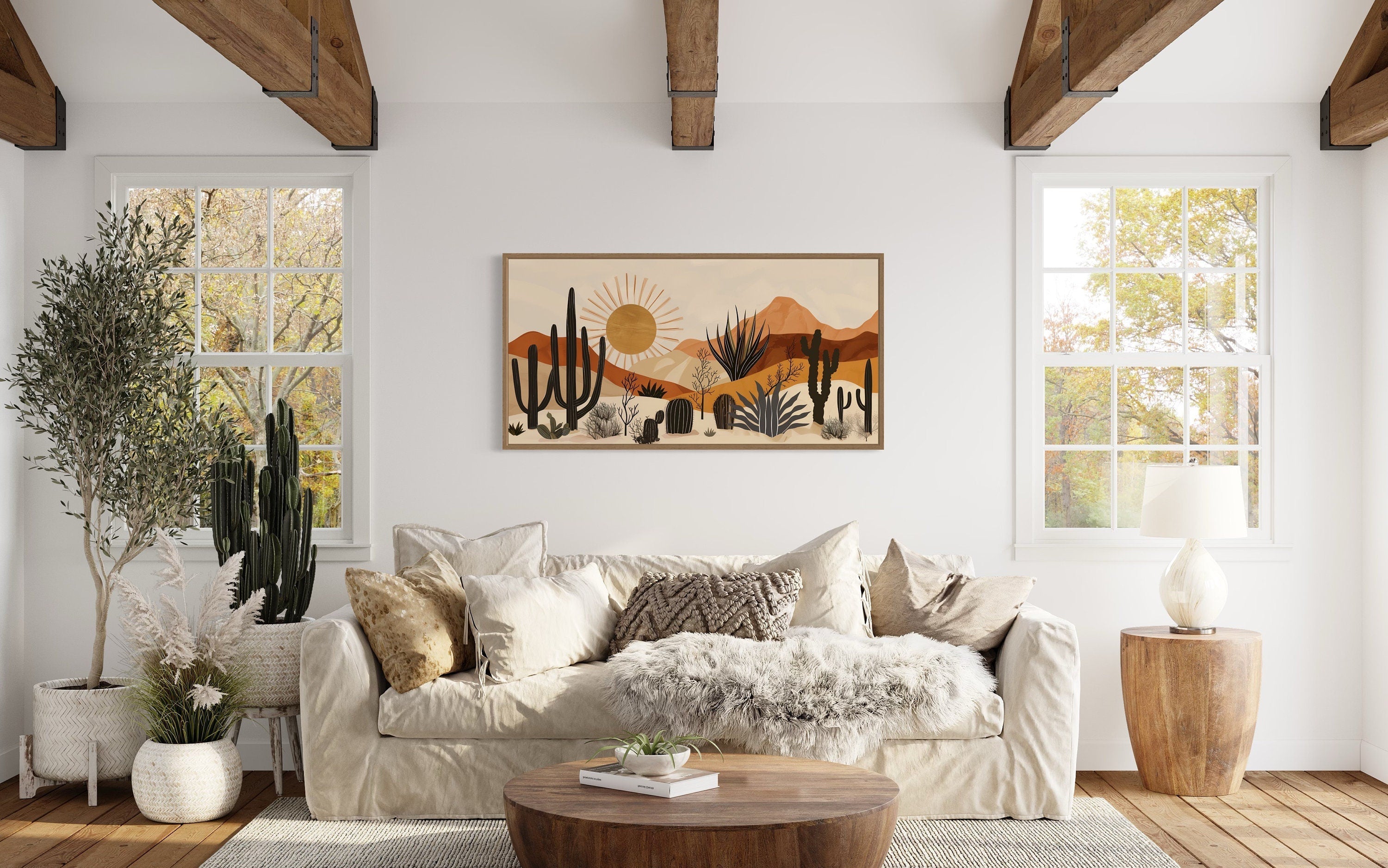 Desert Cactus Wall Art - Mid Century Modern Framed Canvas Print for Living Room Decor