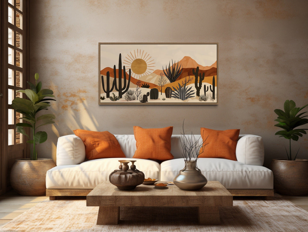 Desert Cactus Wall Art - Mid Century Modern Framed Canvas Print for Living Room Decor