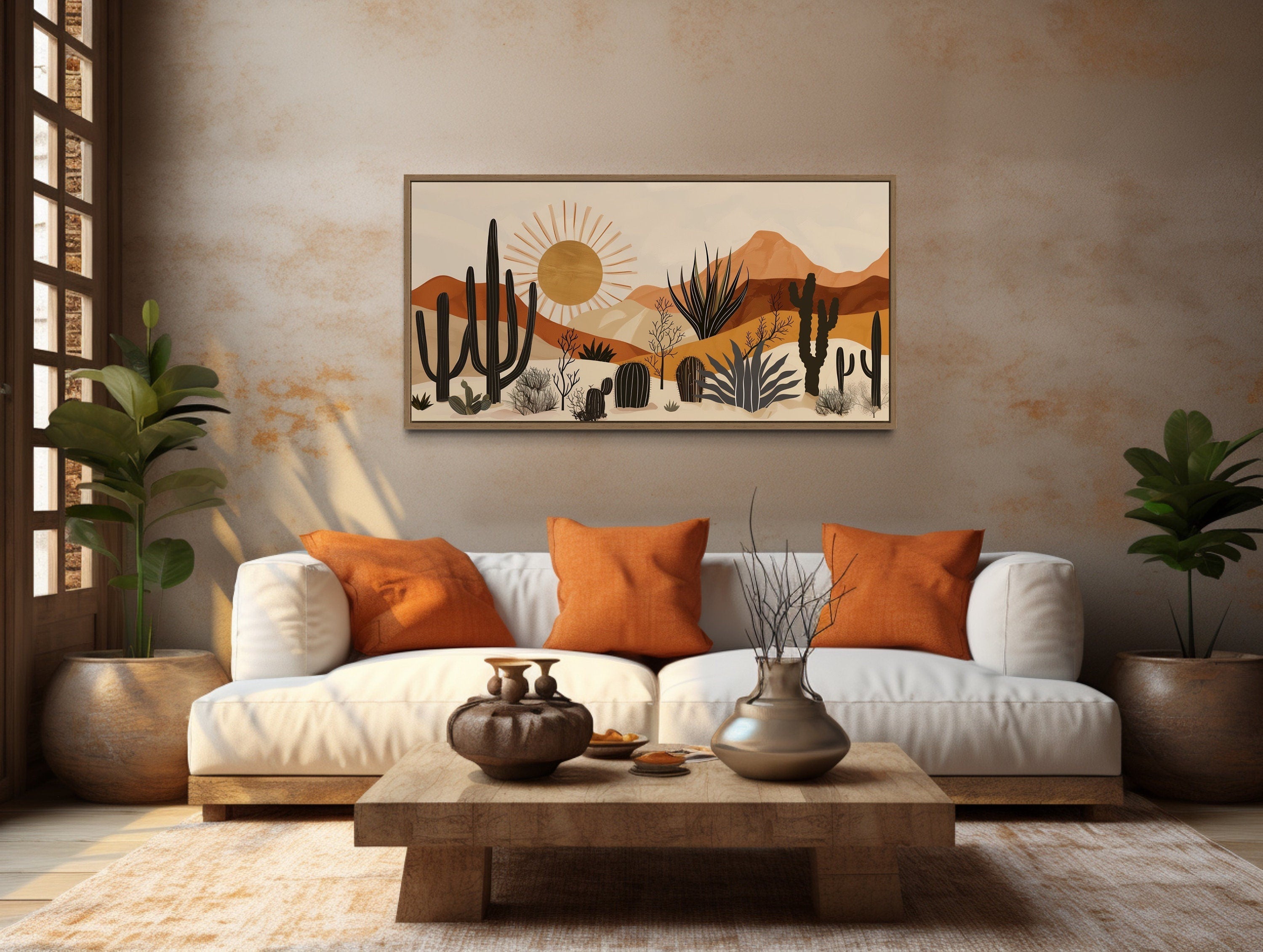 Desert Cactus Wall Art - Mid Century Modern Framed Canvas Print for Living Room Decor