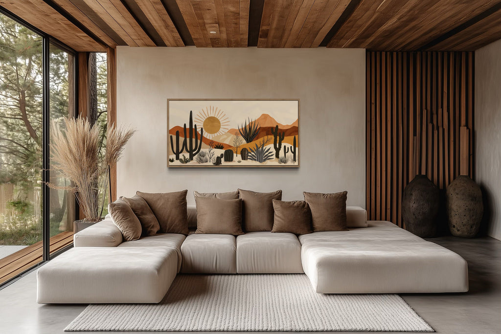 Desert Cactus Wall Art - Mid Century Modern Framed Canvas Print for Living Room Decor