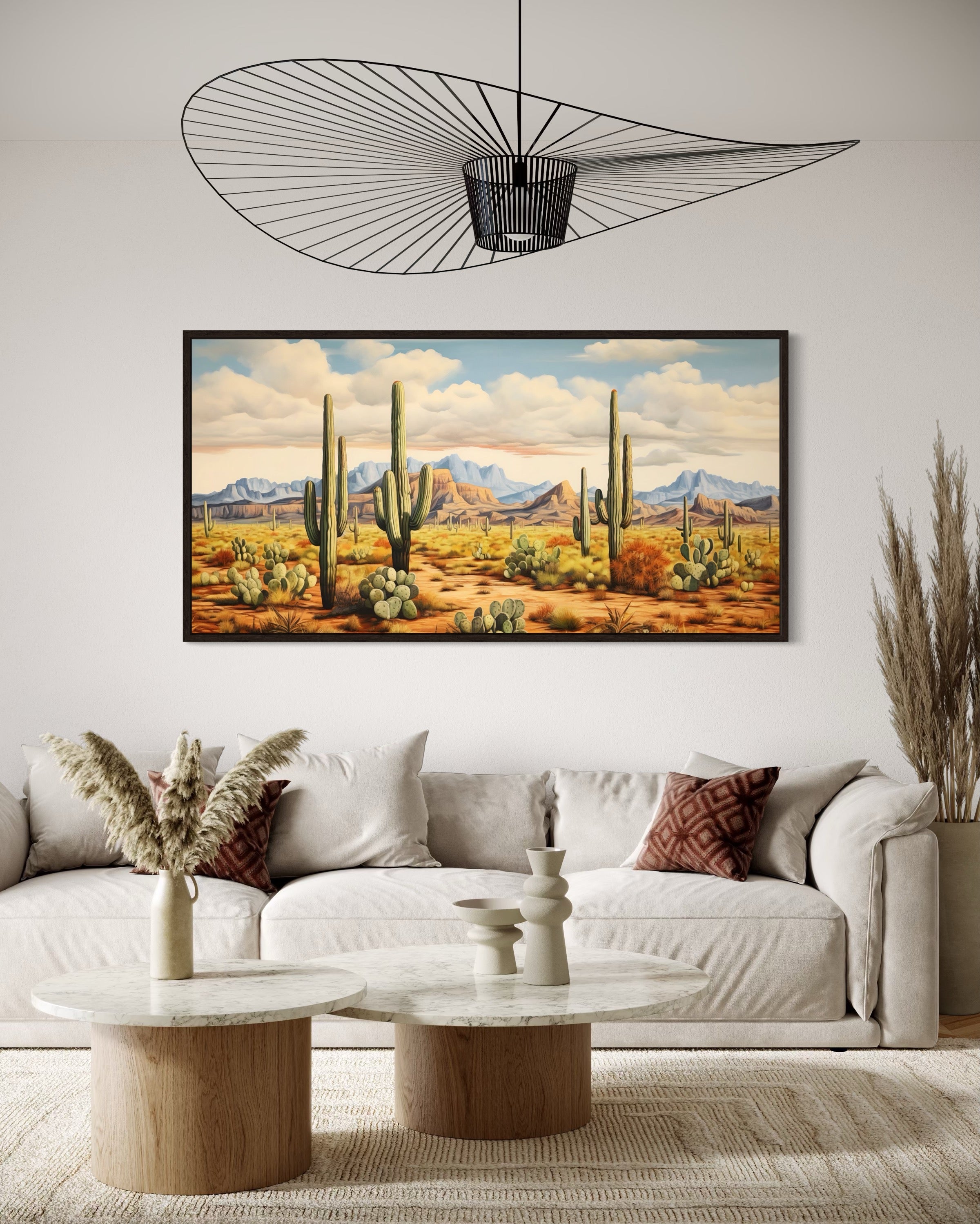 Desert Landscape With Tall Saguaro Cacti Southwestern Framed Canvas Wall Art