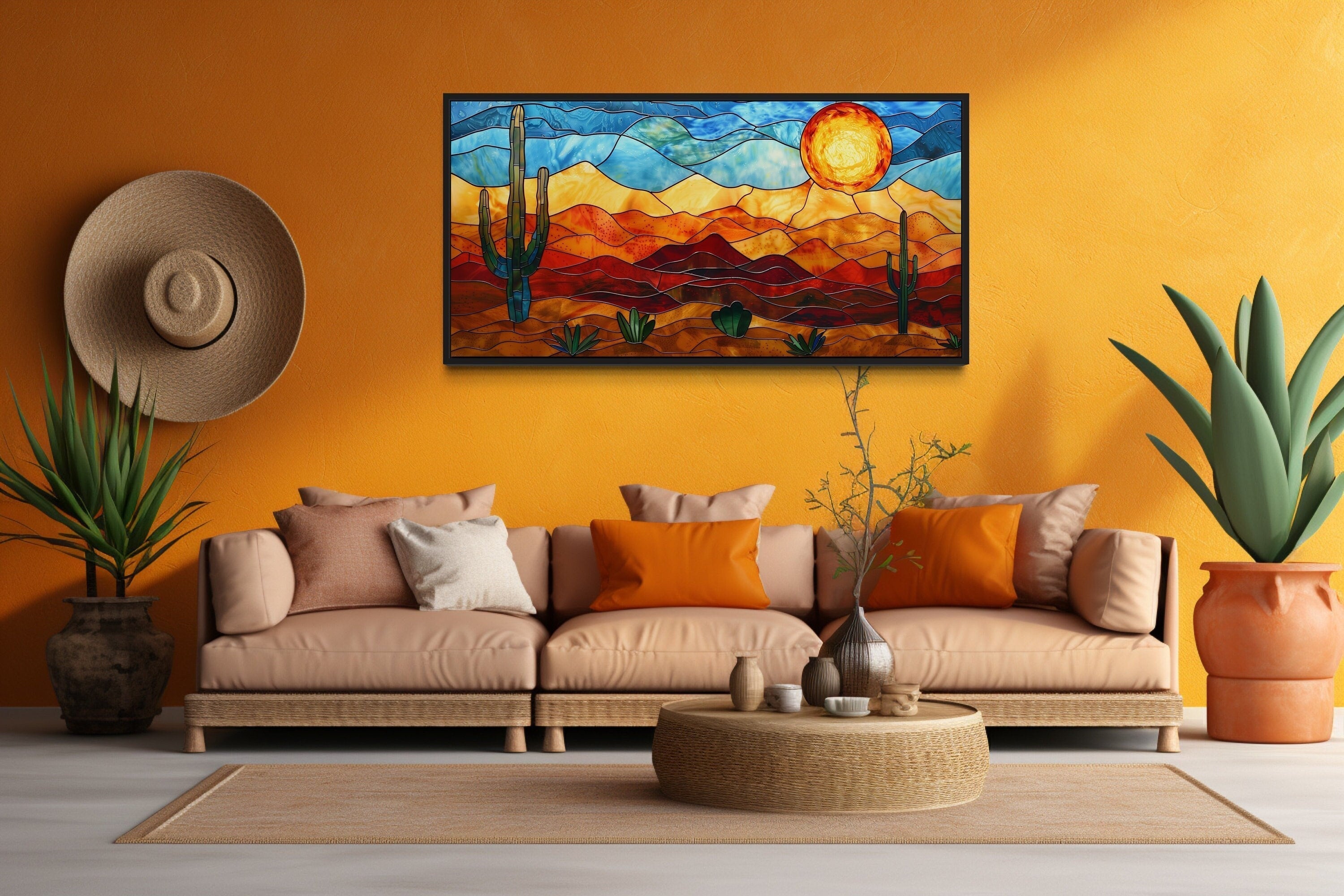 Desert Wall Art – Southwestern Decor Framed Canvas With Stained Glass Style