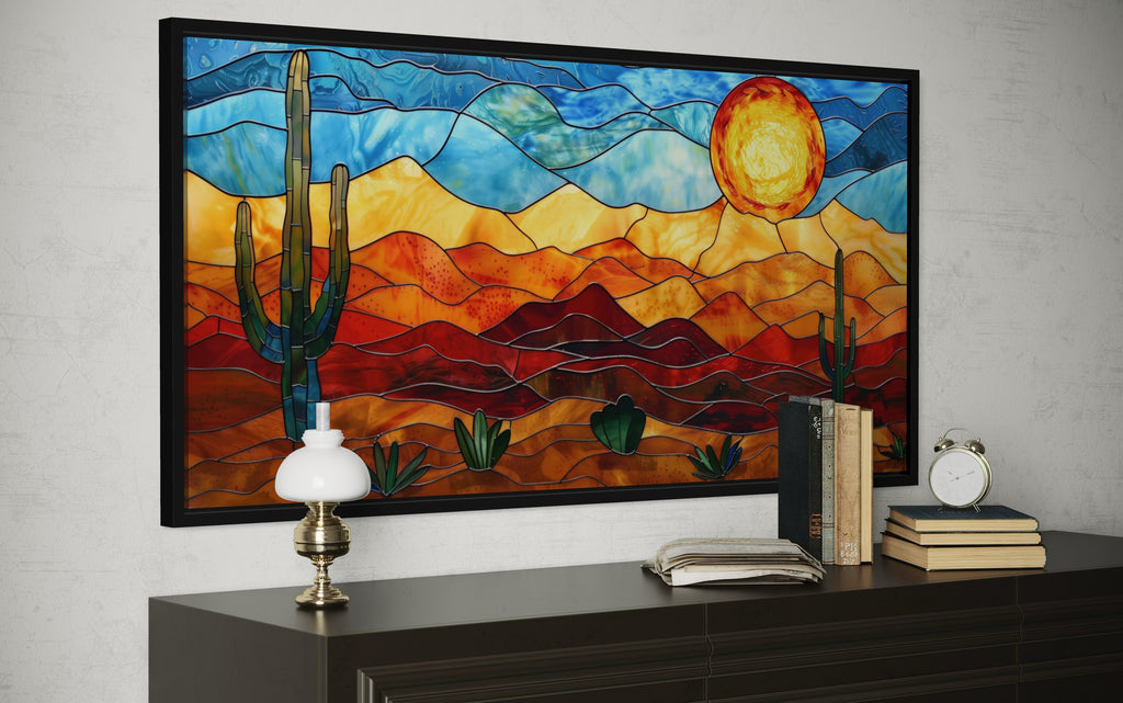 Desert Wall Art – Southwestern Decor Framed Canvas With Stained Glass Style