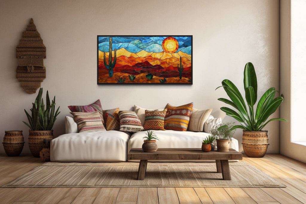 Desert Wall Art – Southwestern Decor Framed Canvas With Stained Glass Style