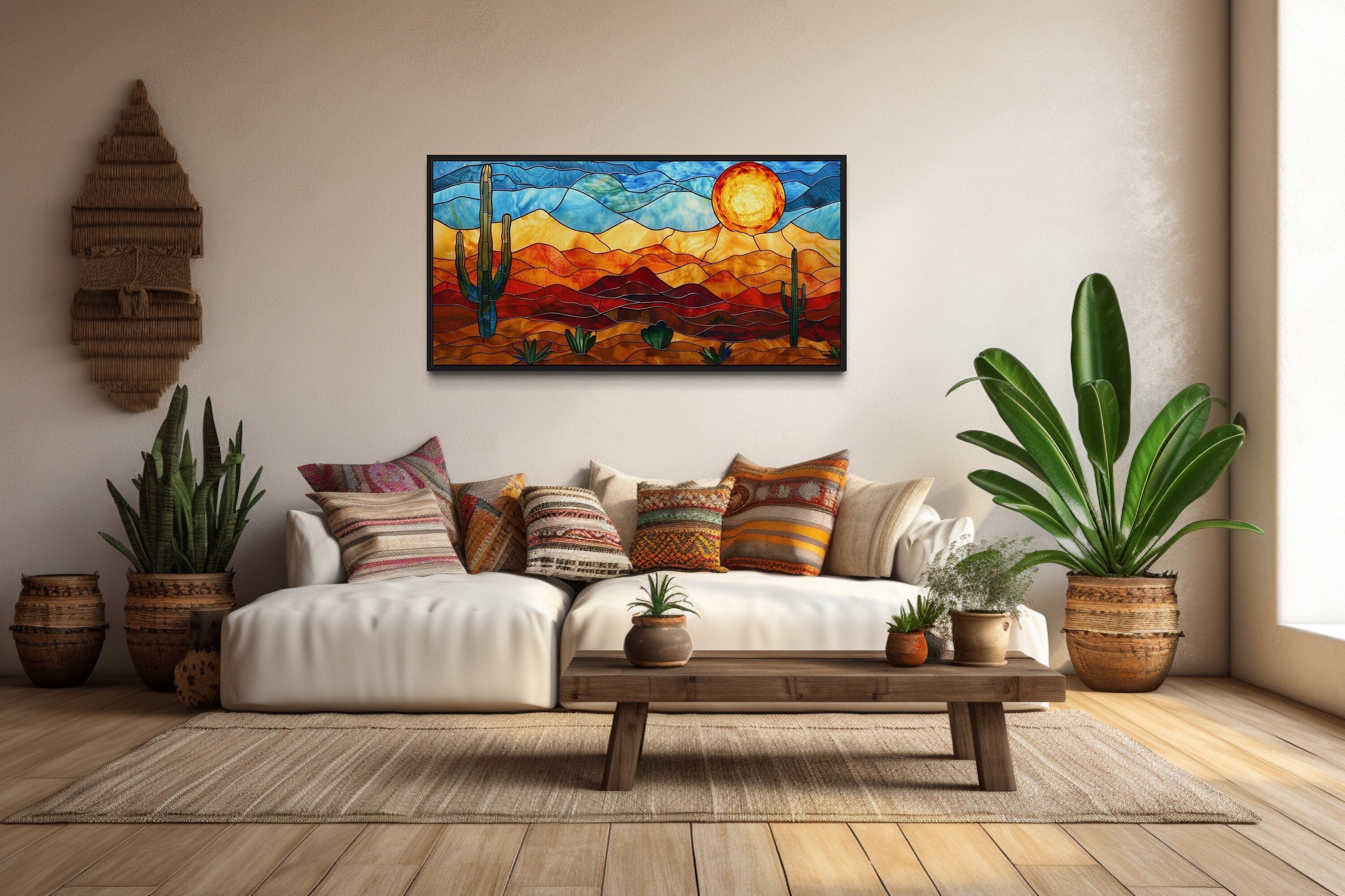 Desert Wall Art – Southwestern Decor Framed Canvas With Stained Glass Style