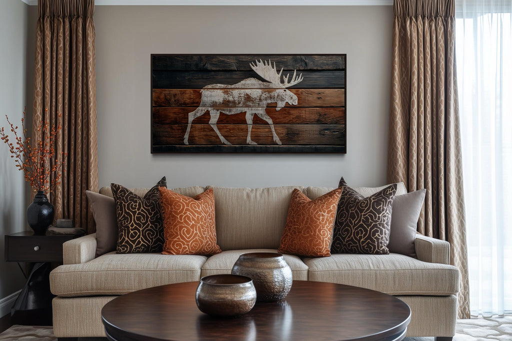 Distressed White Moose Silhouette On Wood Planks Framed Canvas Wall Art
