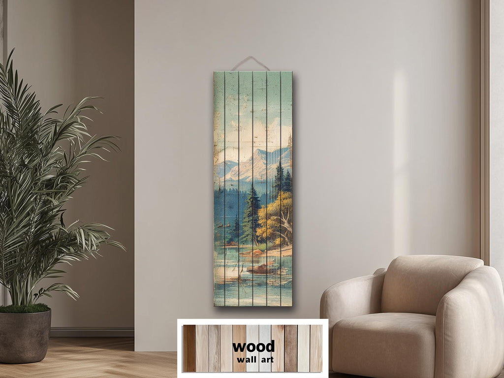 Distressed Wood Wall Art - Vertical Mountain Lake Print on Wood Planks | Rustic Cabin Decor