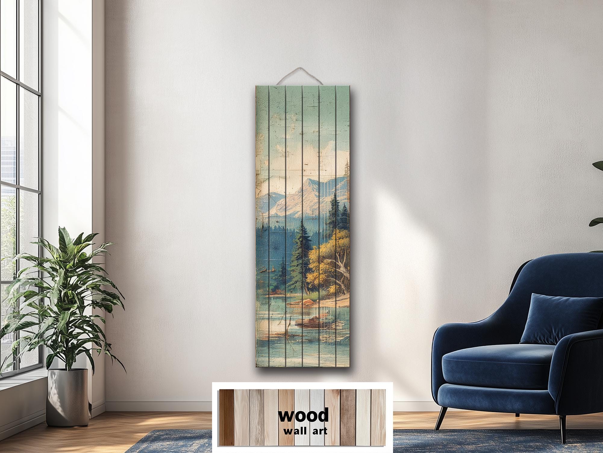 Distressed Wood Wall Art - Vertical Mountain Lake Print on Wood Planks | Rustic Cabin Decor