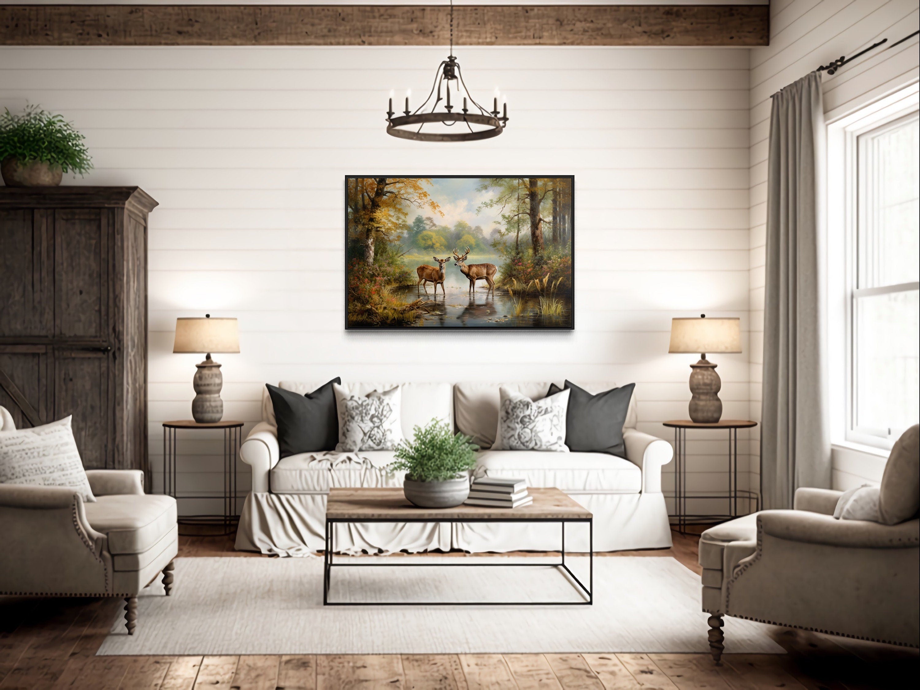 Doe And Buck In The Forest Framed Canvas Wall Art