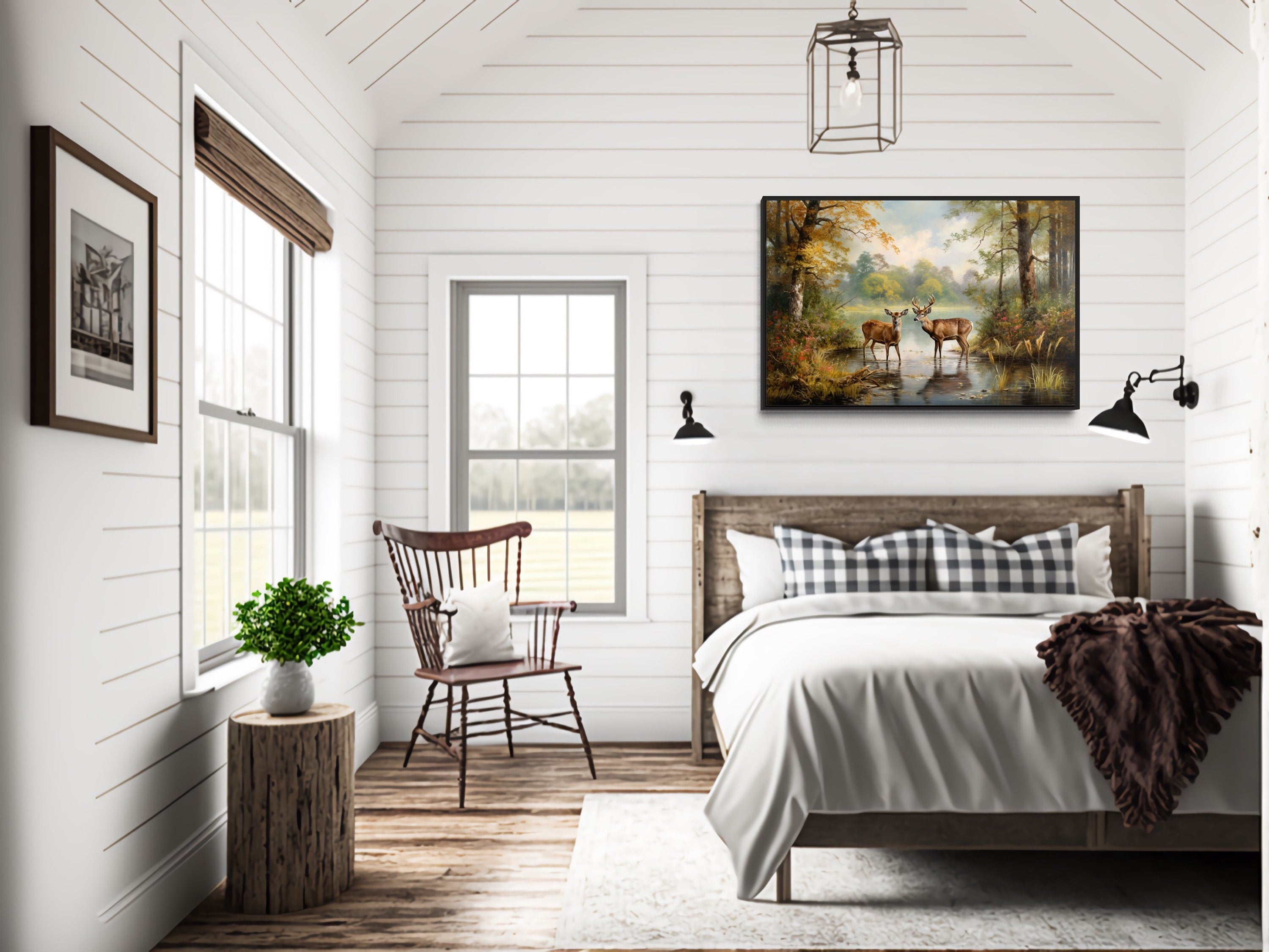 Doe And Buck In The Forest Framed Canvas Wall Art