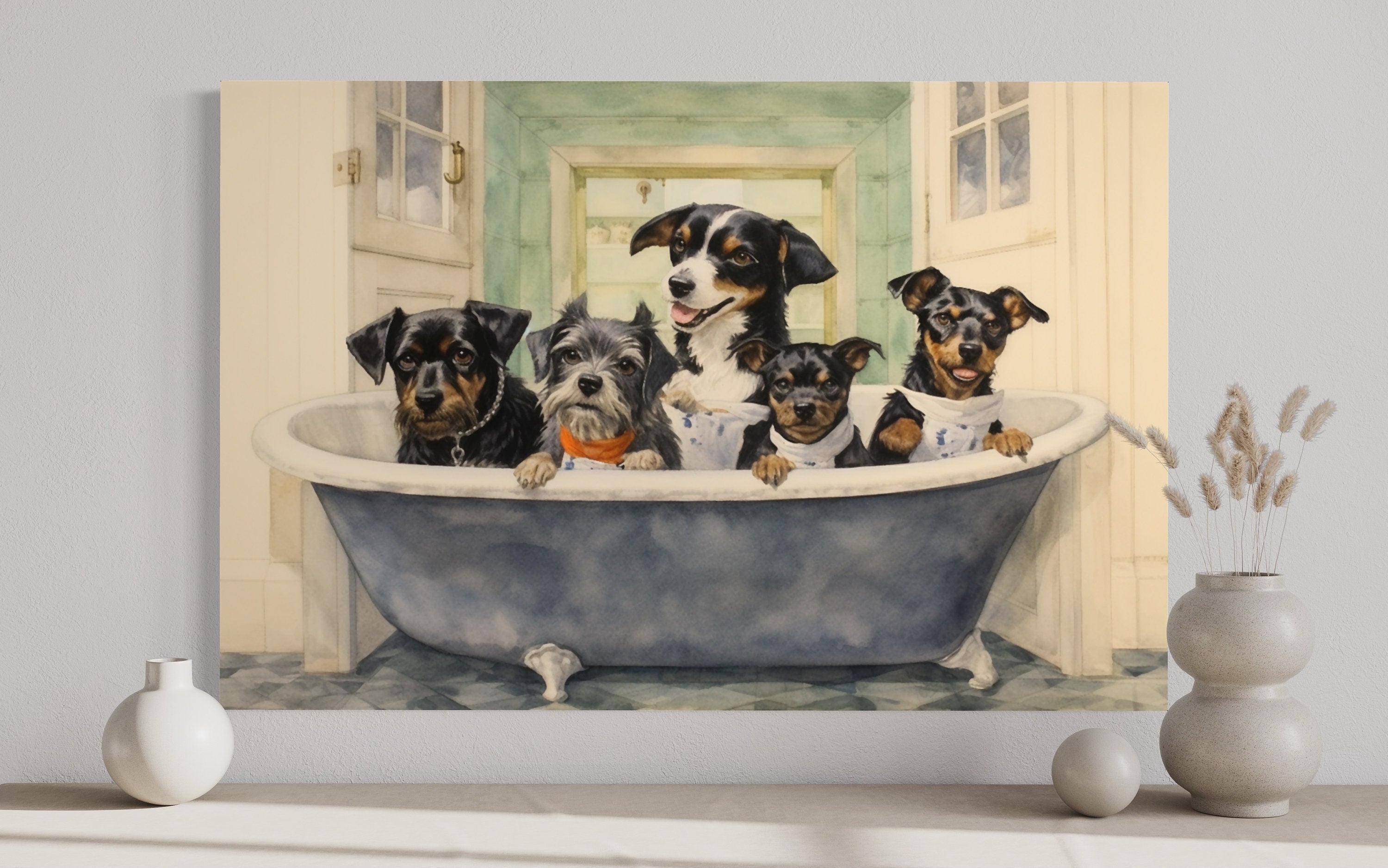 Dogs in a Bathtub Watercolor Framed Canvas Wall Art