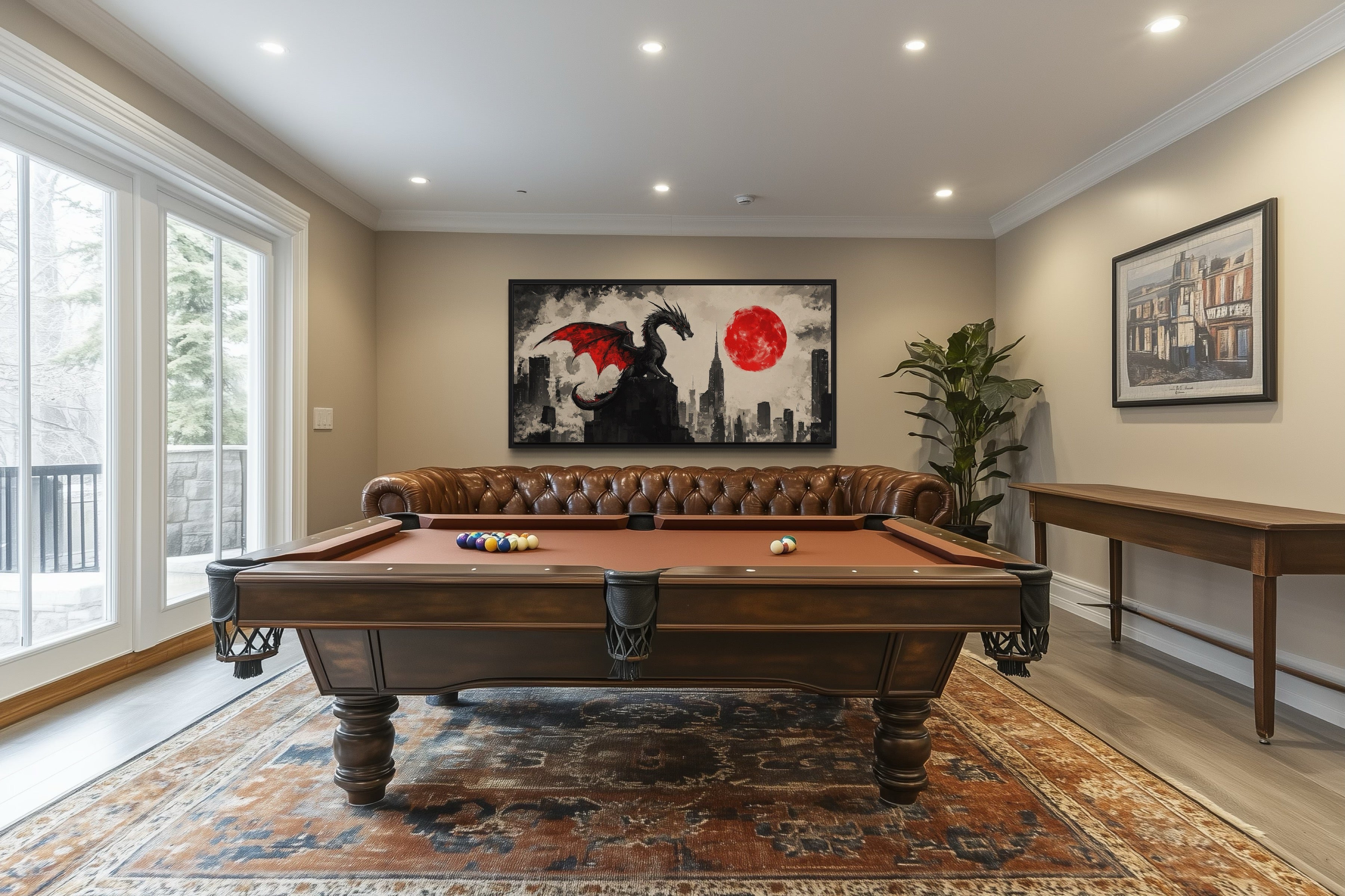 Dragon Wall Art – Urban Graffiti Canvas Print with Red Moon for Game Room Decor