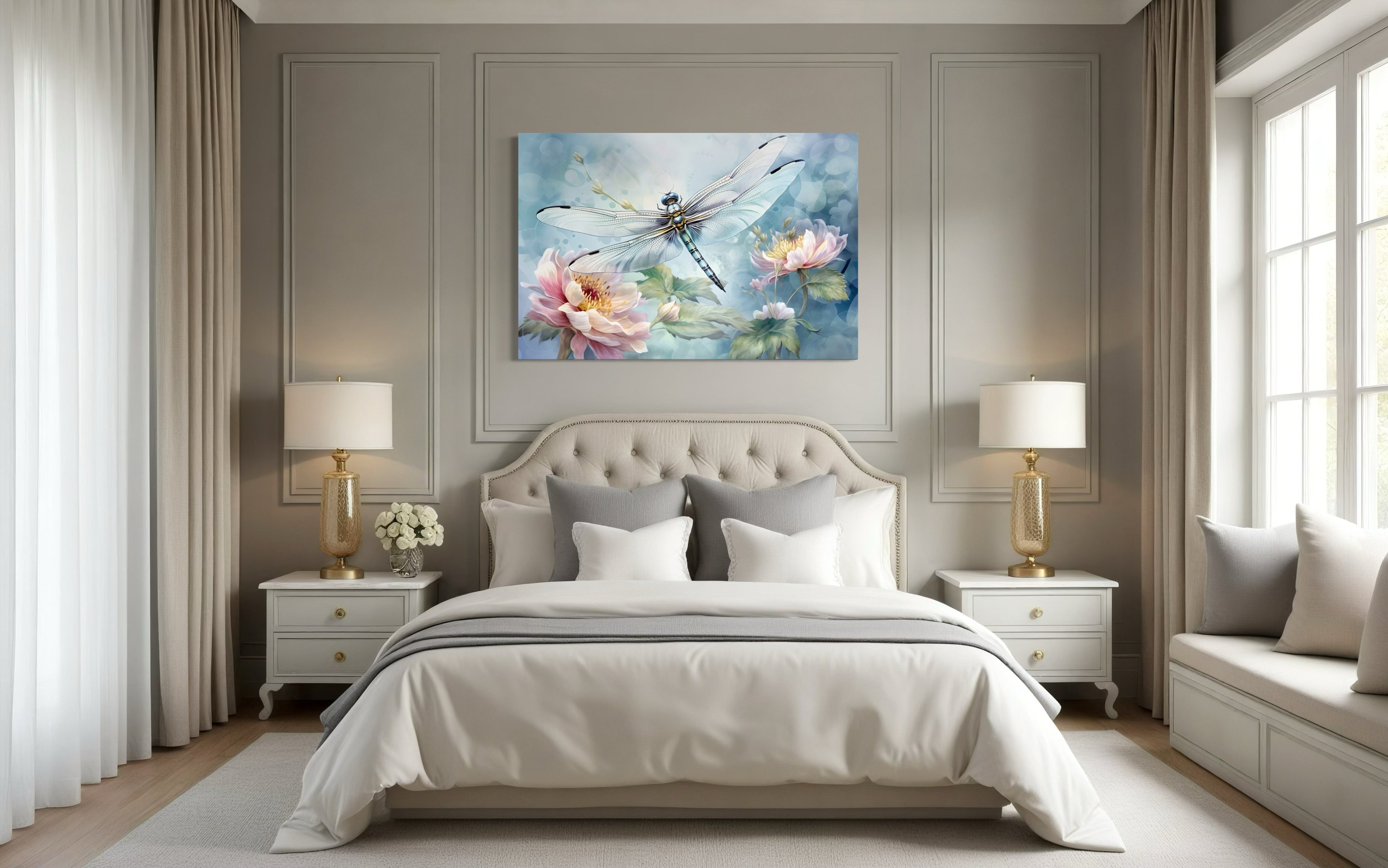 Dragonfly On Flower Shabby Chic Watercolor Wall Art