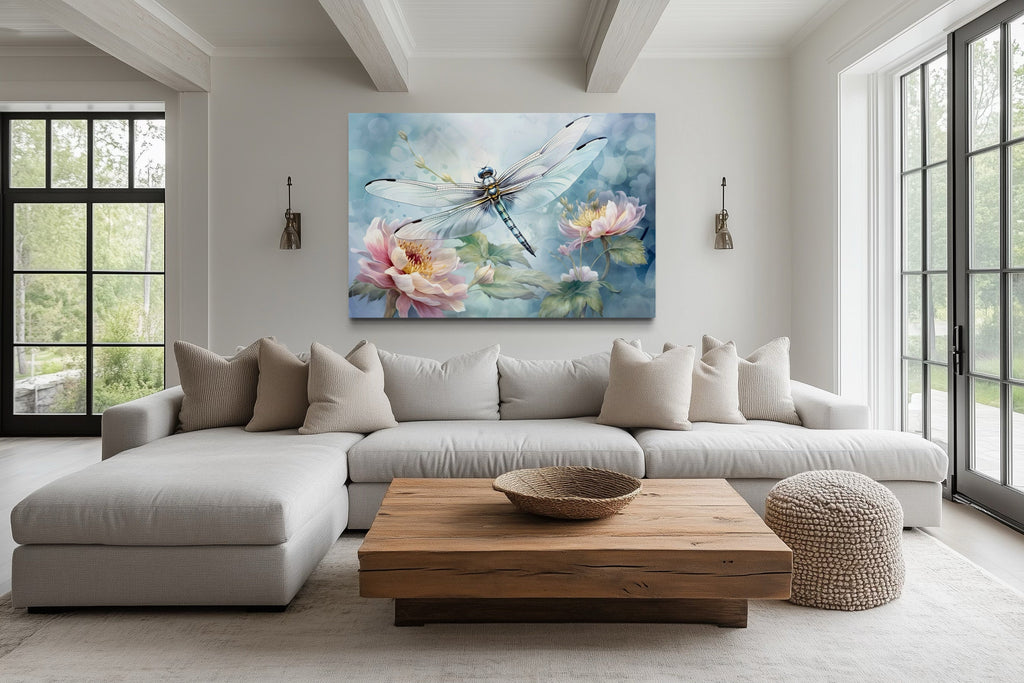 Dragonfly On Flower Shabby Chic Watercolor Wall Art