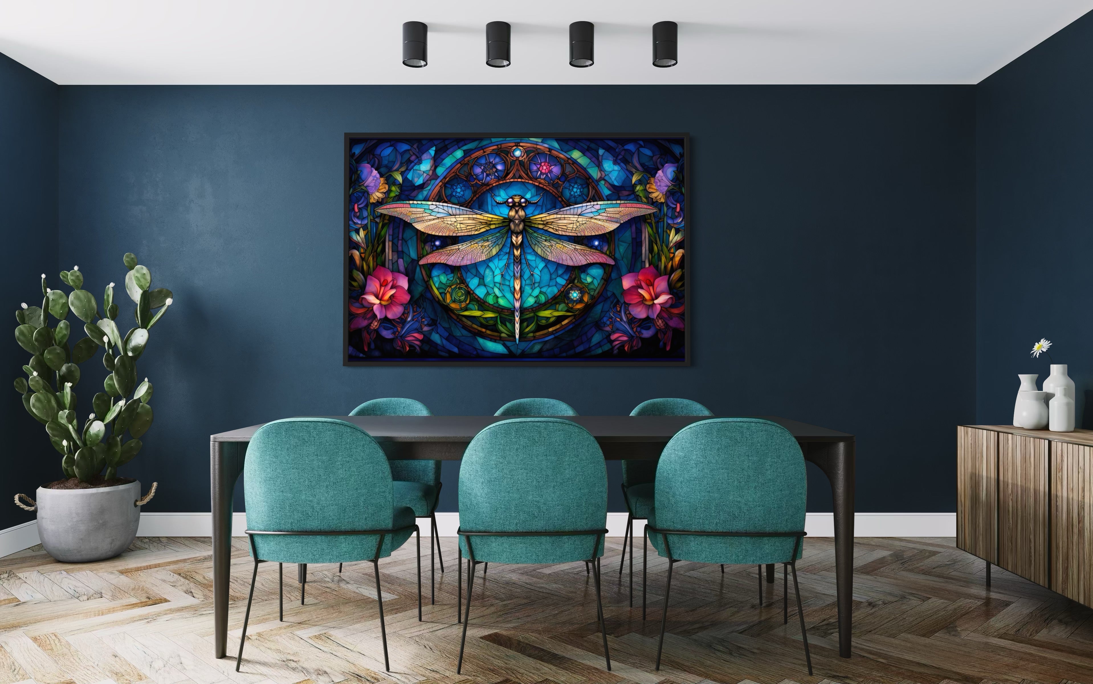 Dragonfly Stained Glass Style Art Nouveau Framed Canvas Wall Art