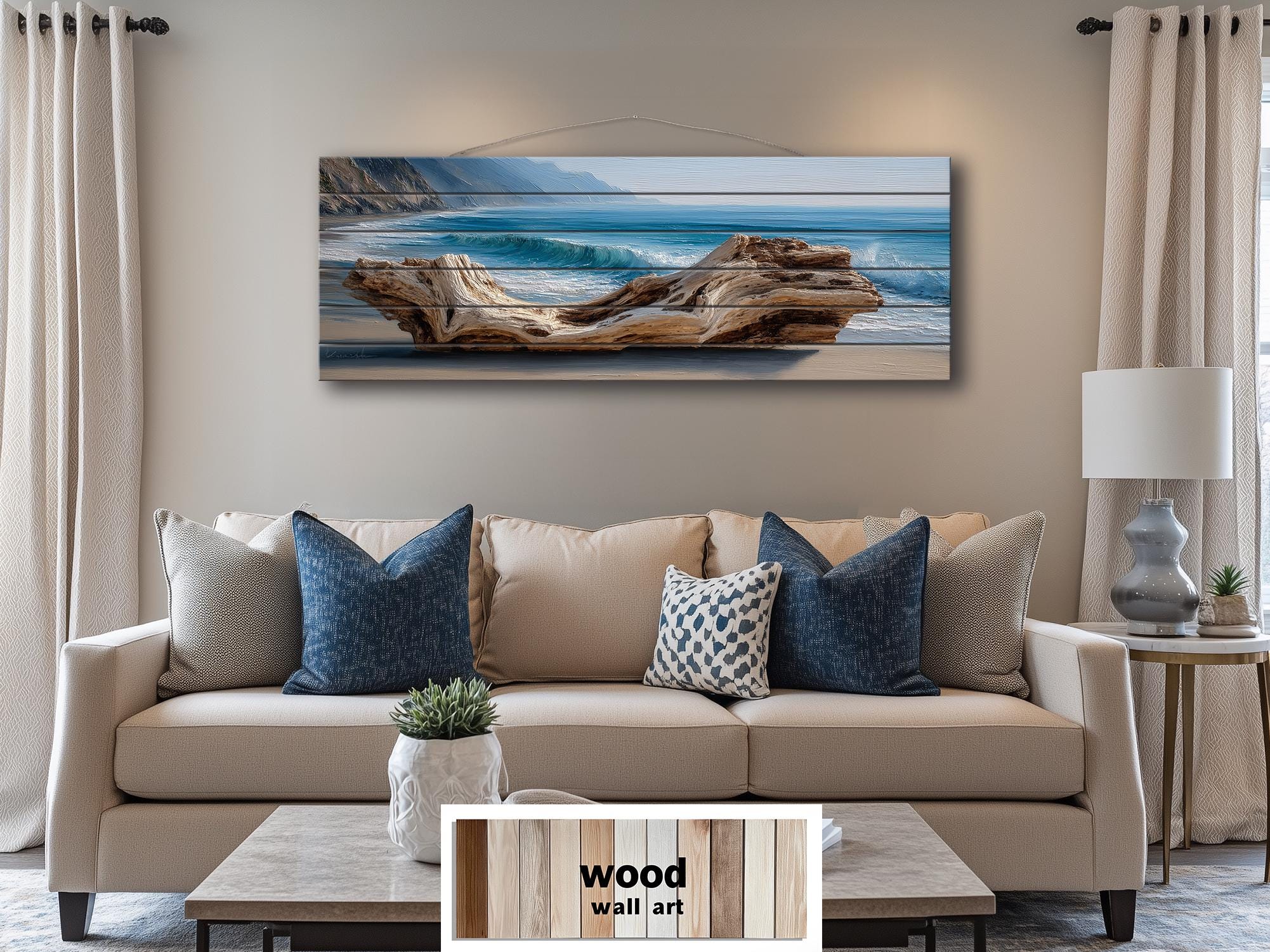Driftwood On Beach Long Horizontal Coastal Distressed Wood Wall Art