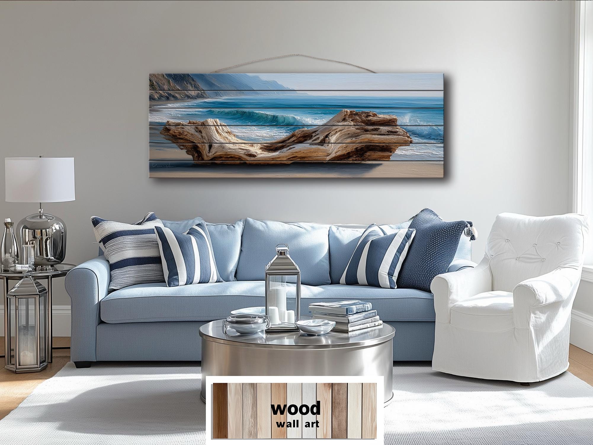 Driftwood On Beach Long Horizontal Coastal Distressed Wood Wall Art