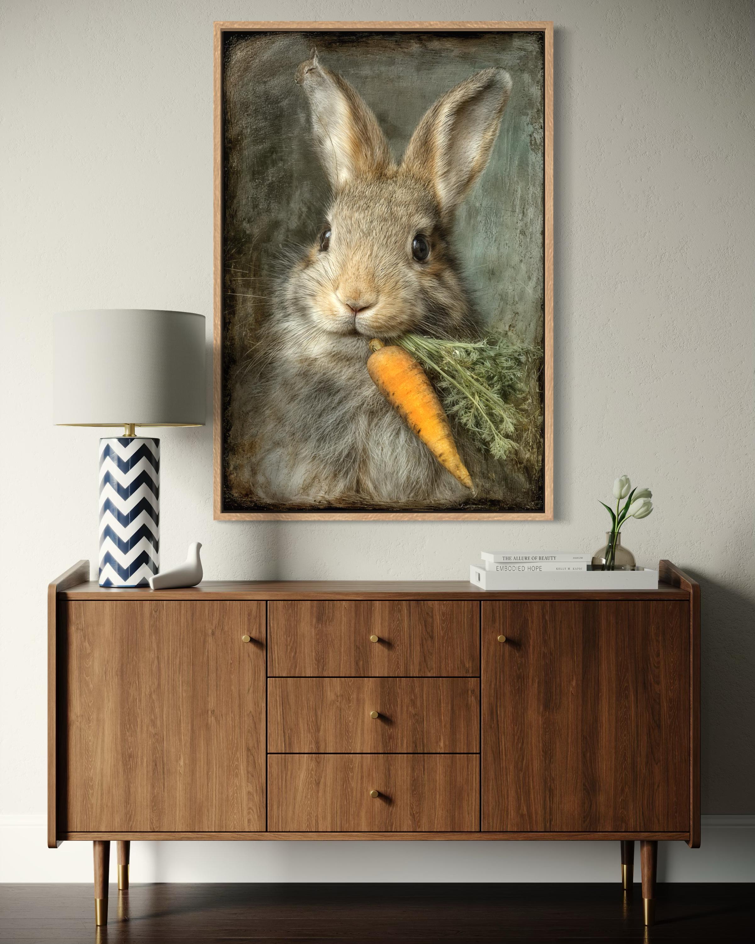 Easter Bunny Wall Art - Vintage Rabbit Canvas Print with Carrot | Farmhouse Nursery Decor