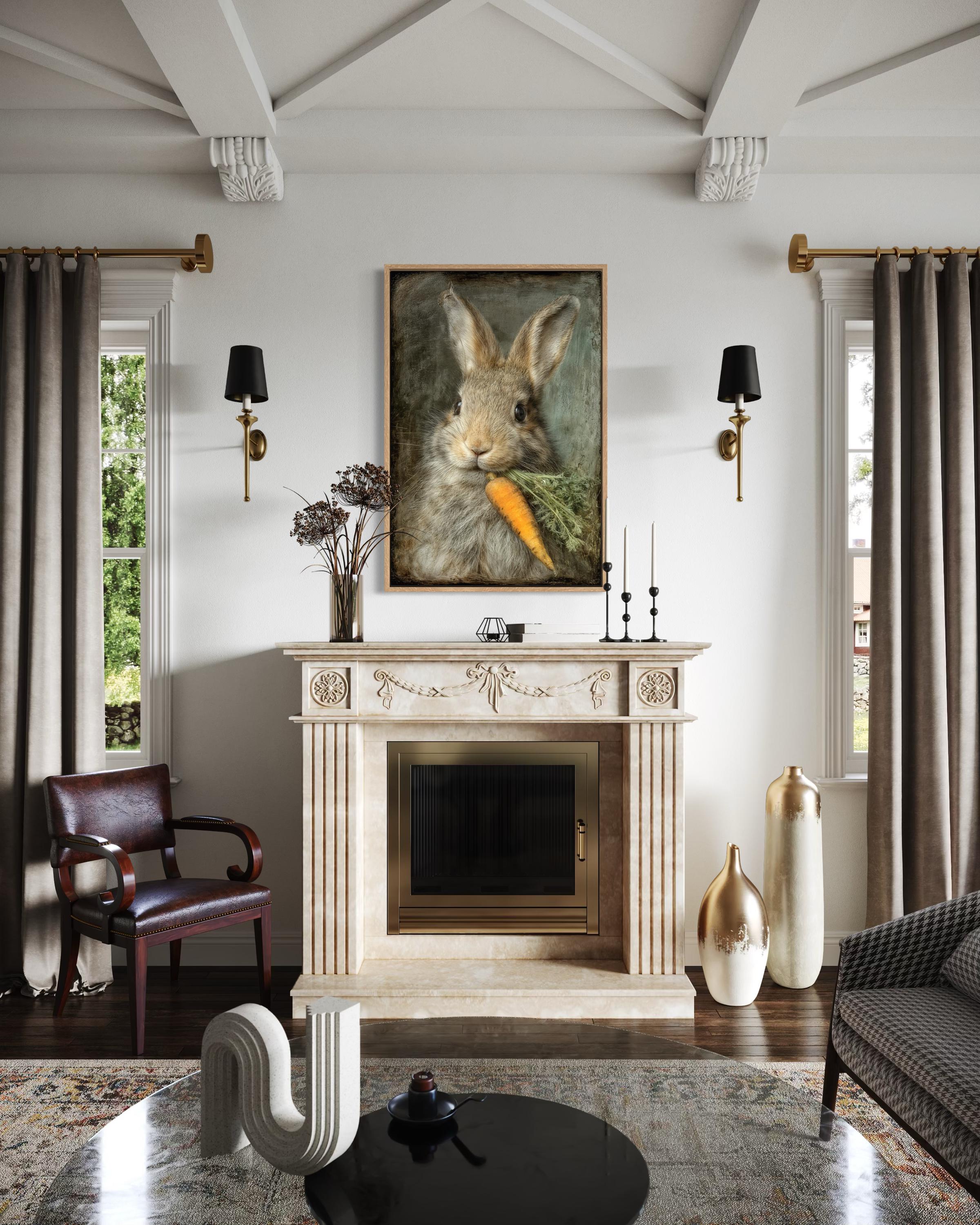Easter Bunny Wall Art - Vintage Rabbit Canvas Print with Carrot | Farmhouse Nursery Decor
