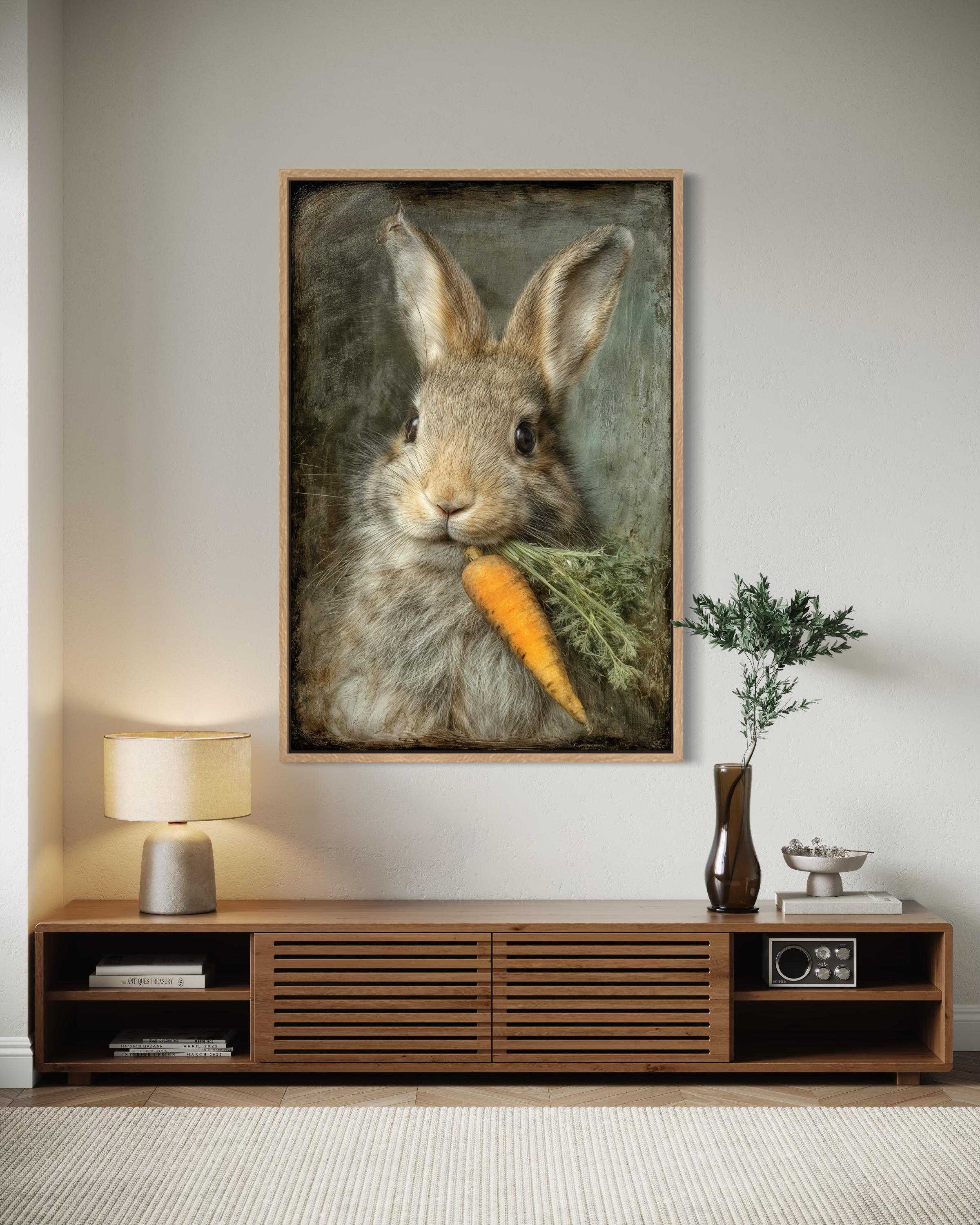 Easter Bunny Wall Art - Vintage Rabbit Canvas Print with Carrot | Farmhouse Nursery Decor