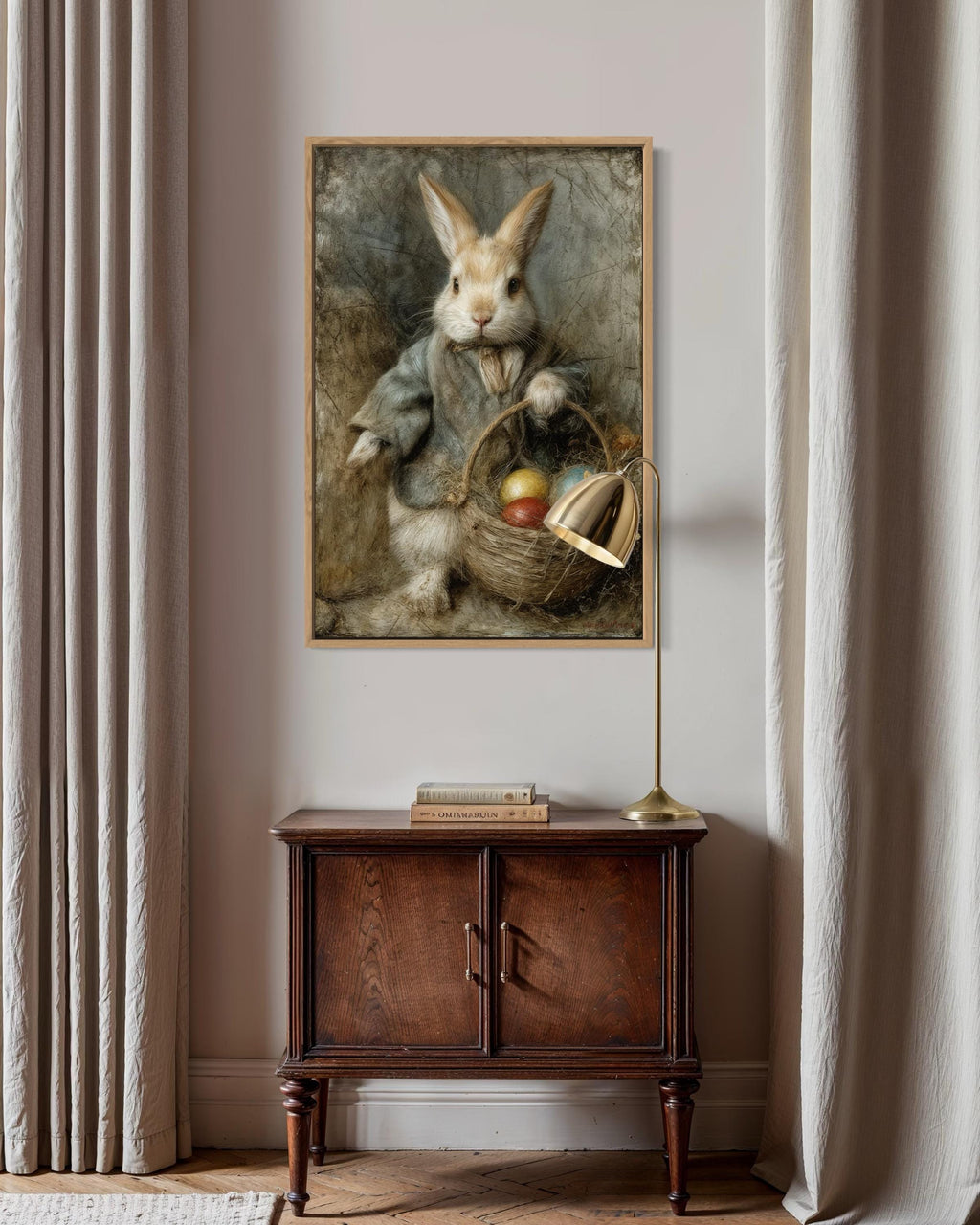 Easter Bunny Wall Art – Vintage Rabbit Painting With Basket of Easter Eggs