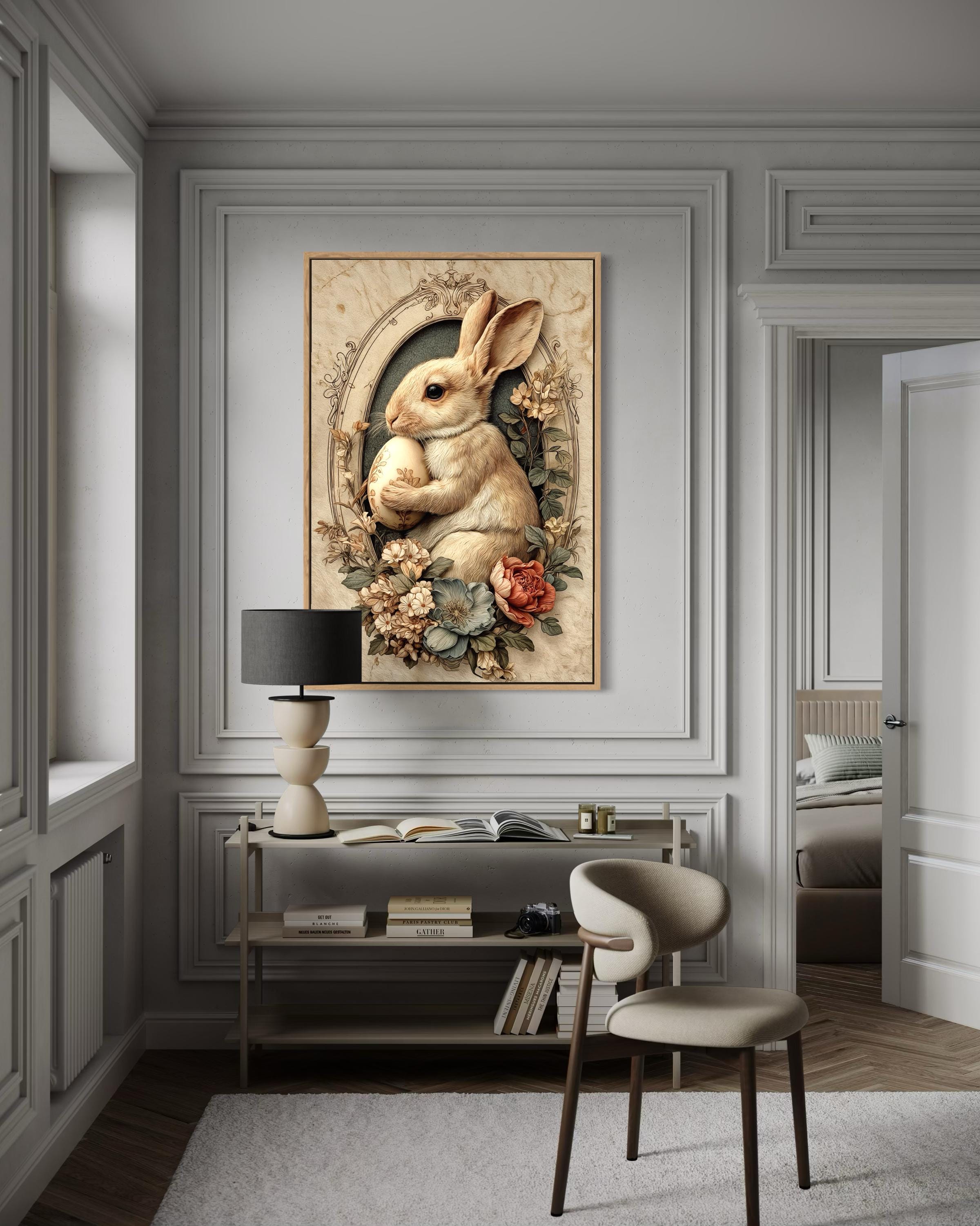 Easter Wall Art - Vintage Bunny Art With Florals And Egg Farmhouse Decor | Framed Canvas Print