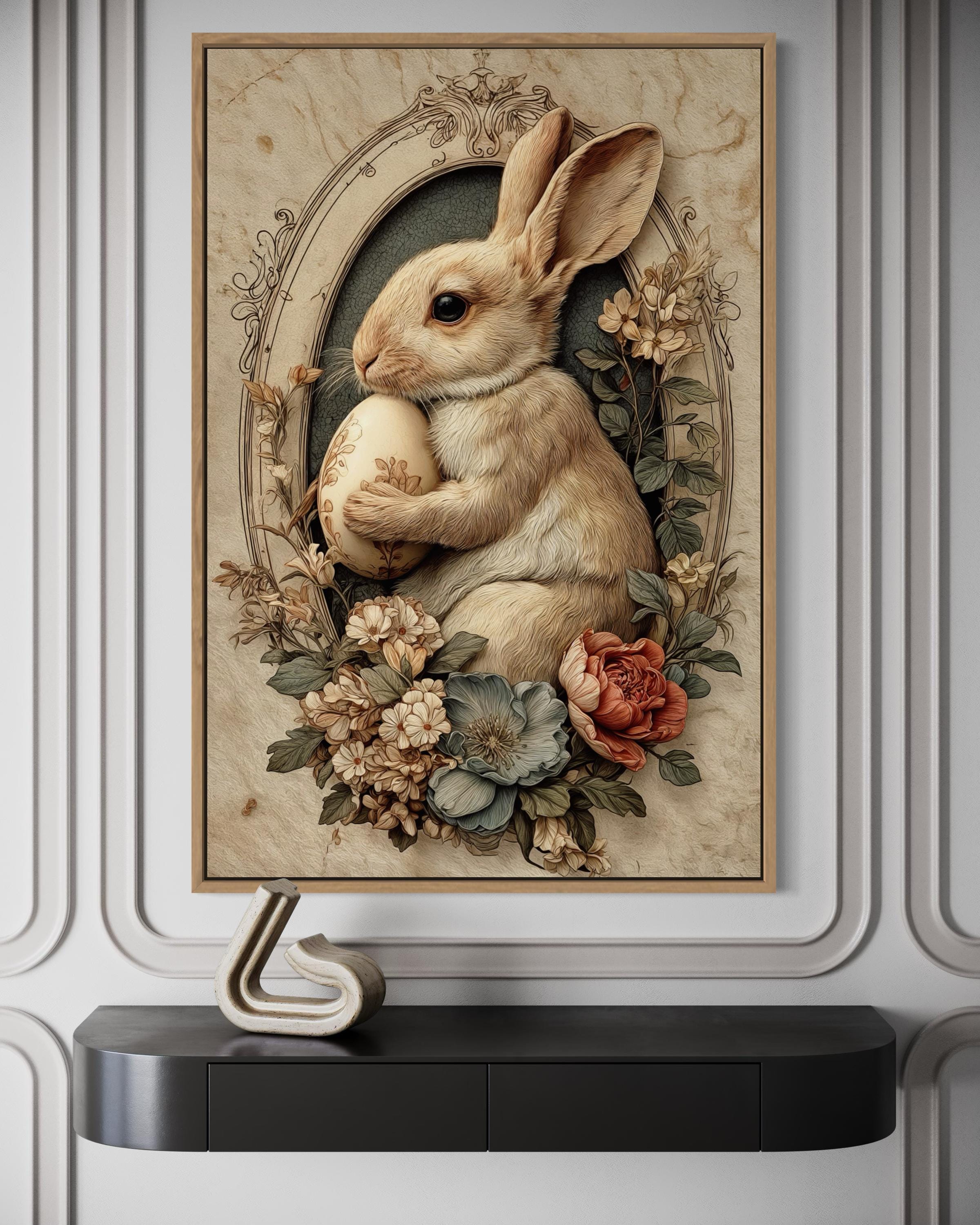 Easter Wall Art - Vintage Bunny Art With Florals And Egg Farmhouse Decor | Framed Canvas Print
