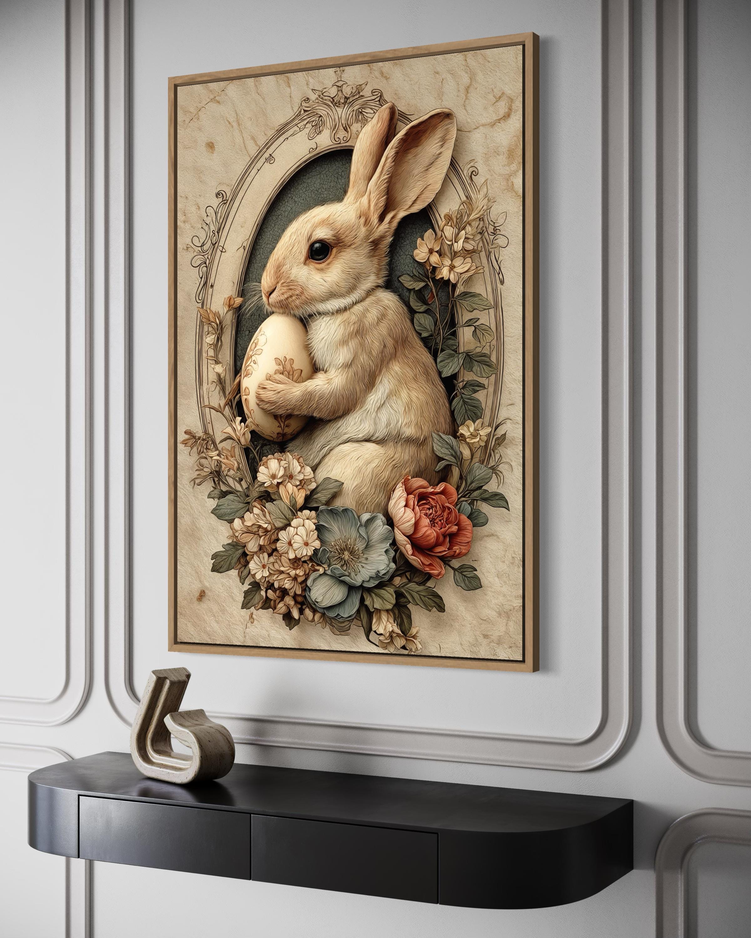 Easter Wall Art - Vintage Bunny Art With Florals And Egg Farmhouse Decor | Framed Canvas Print