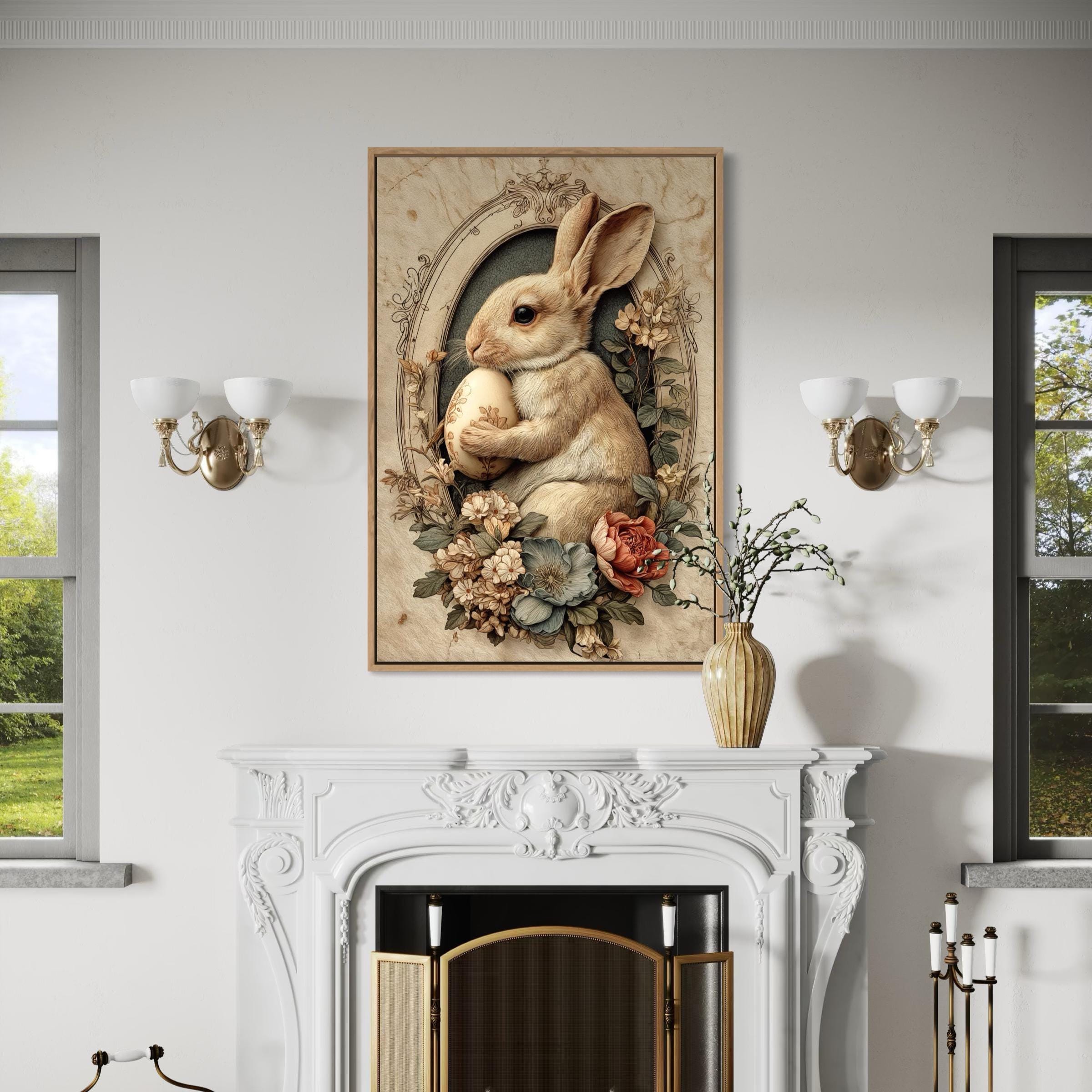 Easter Wall Art - Vintage Bunny Art With Florals And Egg Farmhouse Decor | Framed Canvas Print