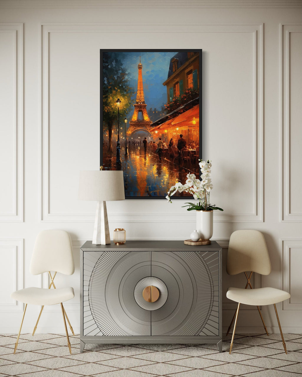 Eiffel Tower And Paris Street Cafe Framed Canvas Wall Art