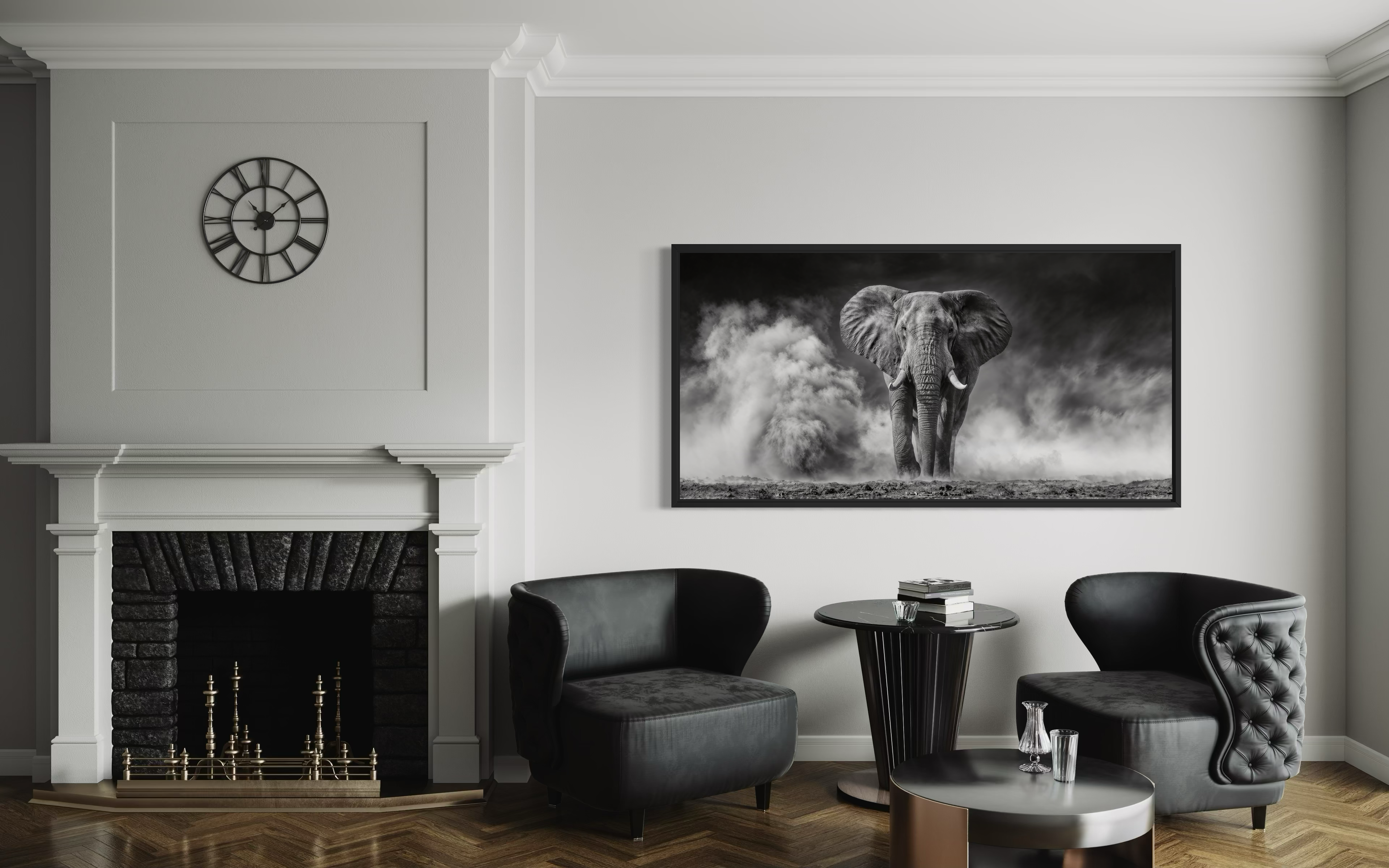 Elephant Wall Art - Black White Photography Framed Canvas Print for Rustic Home Decor