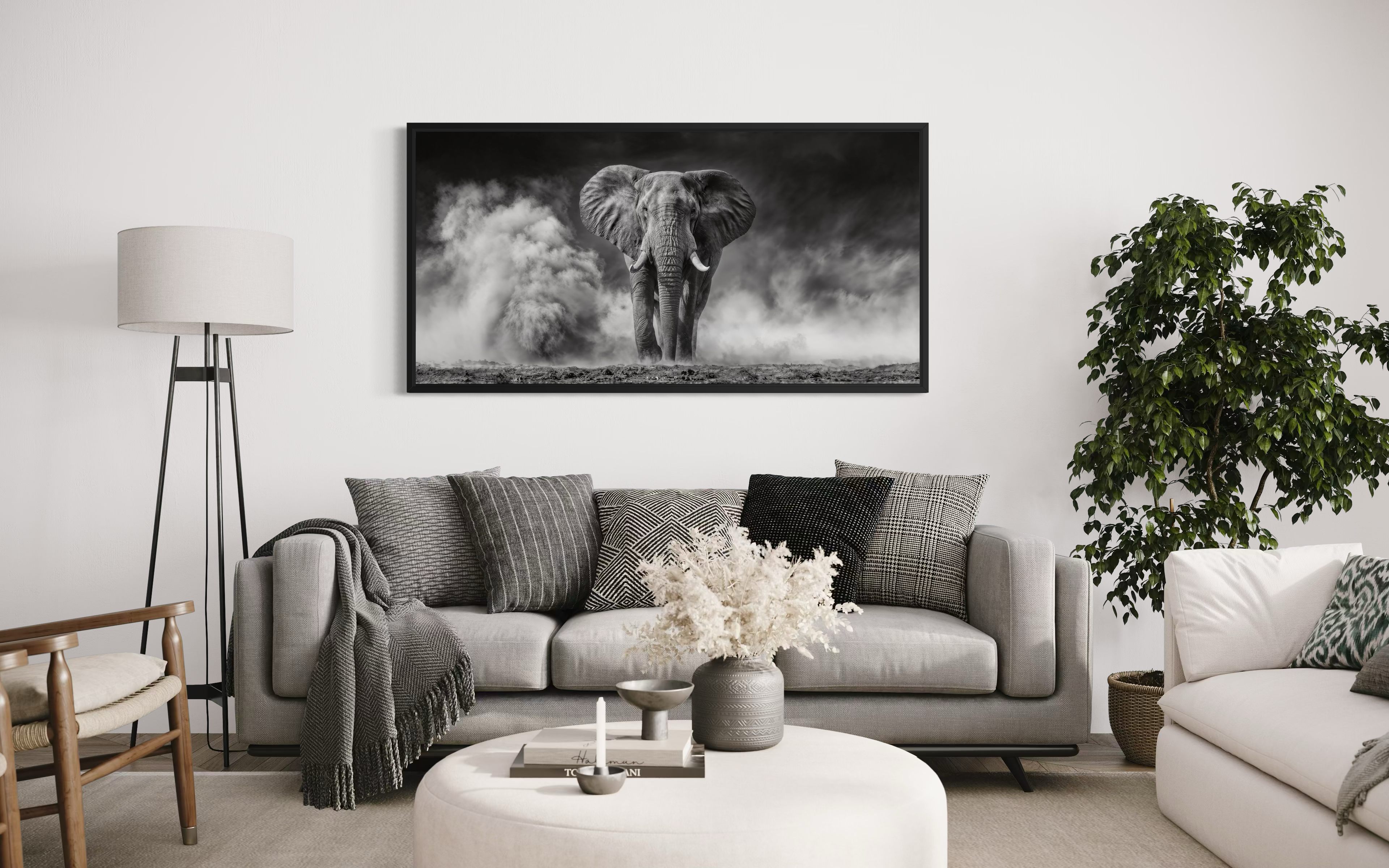 Elephant Wall Art - Black White Photography Framed Canvas Print for Rustic Home Decor