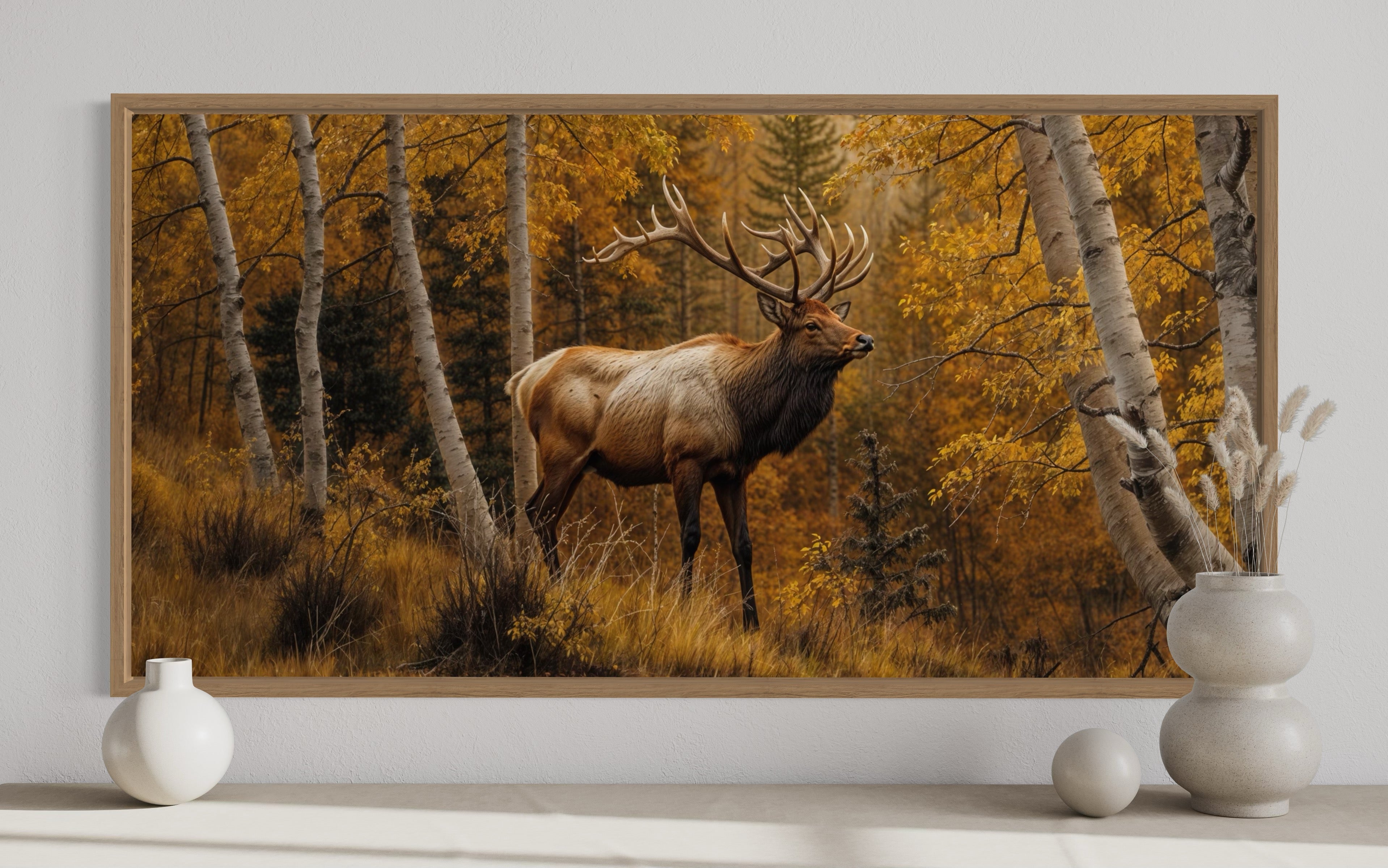 Elk Canvas Wall Art - Autumn Forest Rustic Framed Elk Painting for Cabin Decor