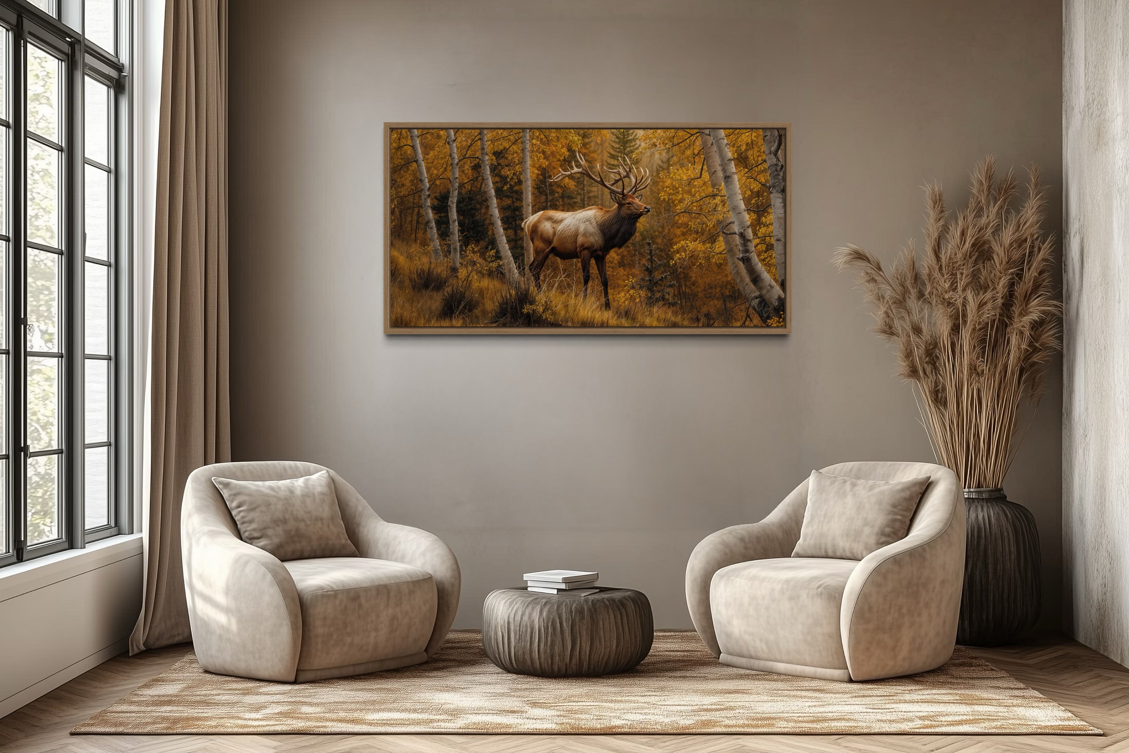 Elk Canvas Wall Art - Autumn Forest Rustic Framed Elk Painting for Cabin Decor