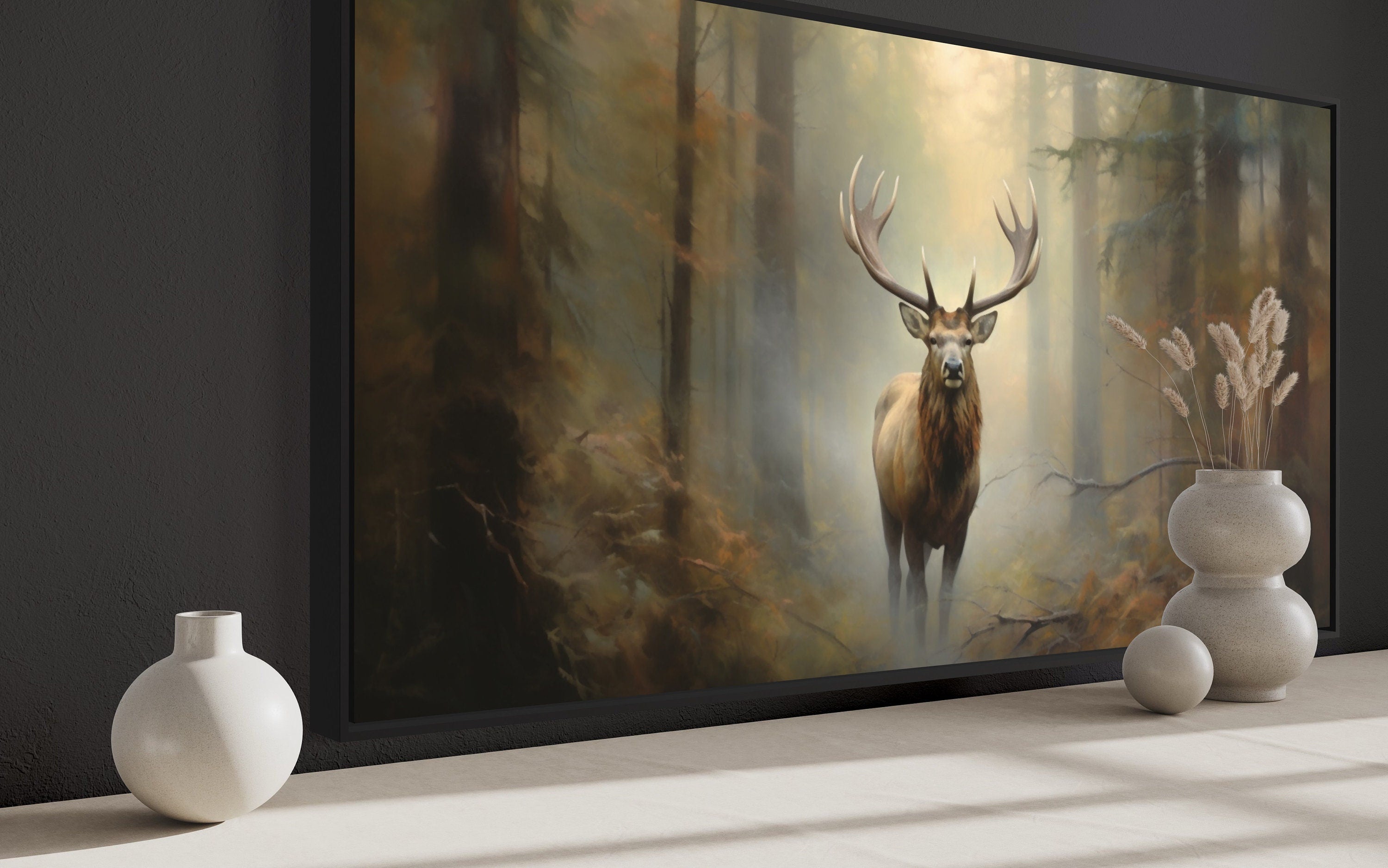 Elk Canvas Wall Art - Large Framed Rustic Cabin Decor With Majestic Forest Scene