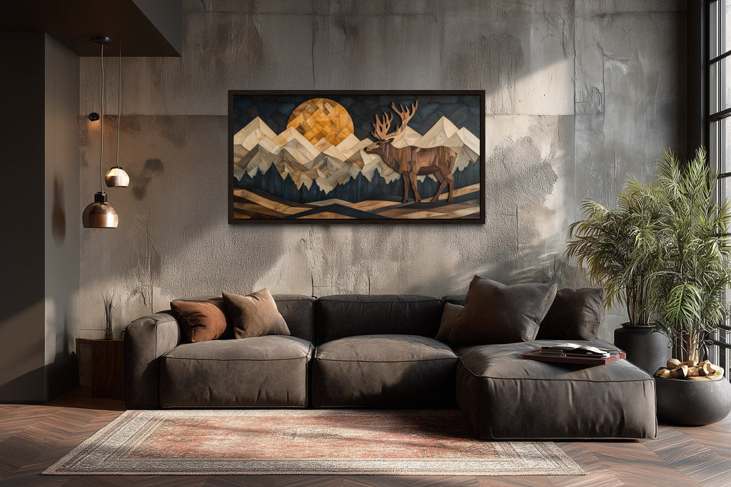 Elk Canvas Wall Art - Rustic Wood Panel Effect Framed Mountain Lodge Print