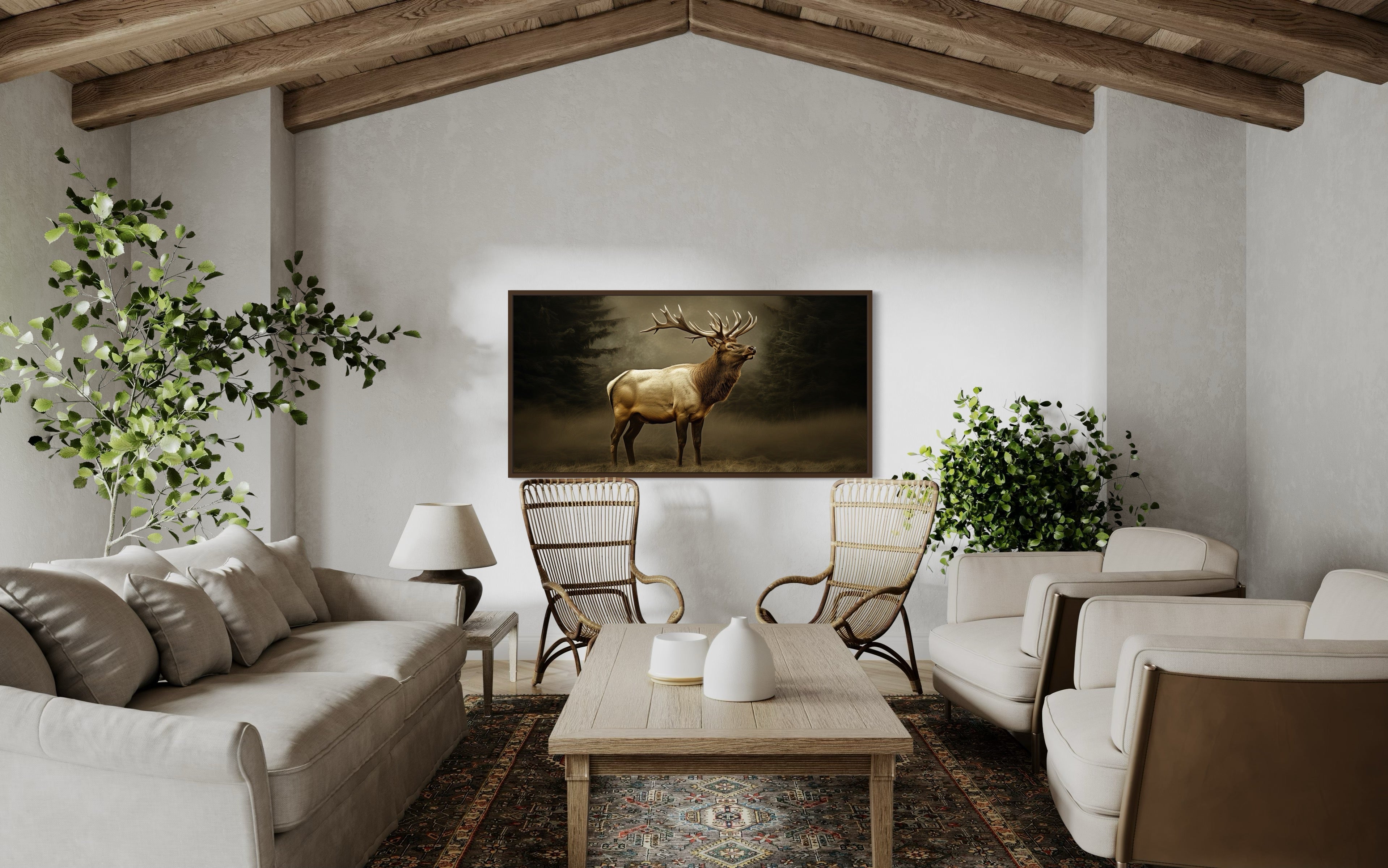 Elk In Dark Foggy Forest Framed Canvas Wall Art For Cabin Decor
