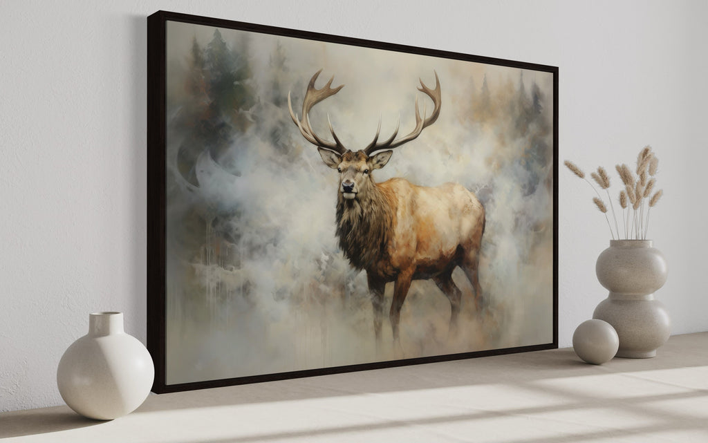 Elk In Smokey Forest Framed Rustic Canvas Wall Art