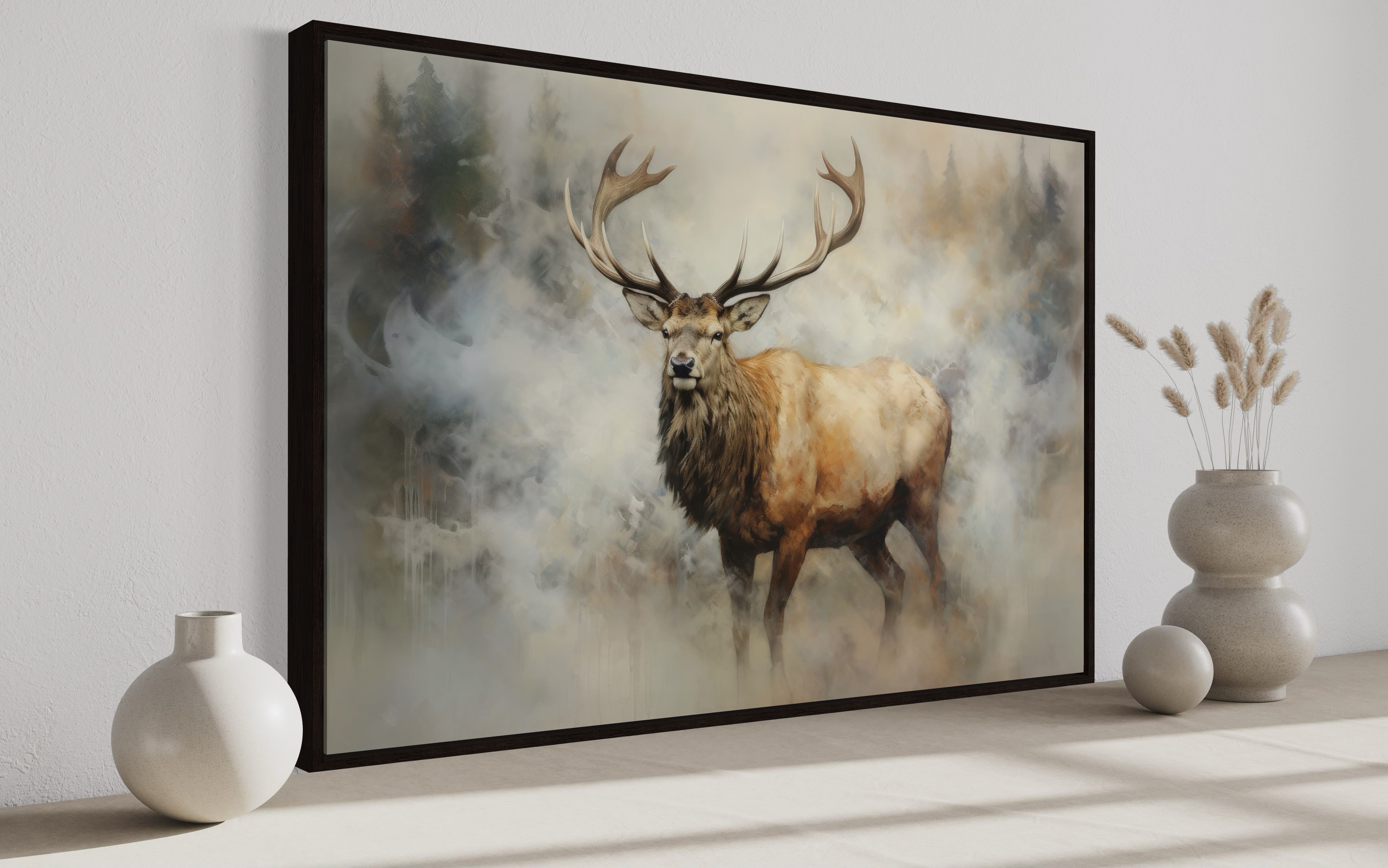 Elk In Smokey Forest Framed Rustic Canvas Wall Art