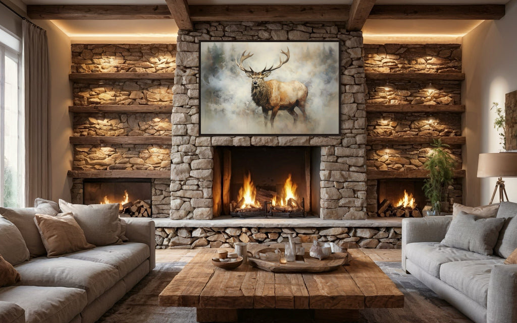 Elk In Smokey Forest Framed Rustic Canvas Wall Art