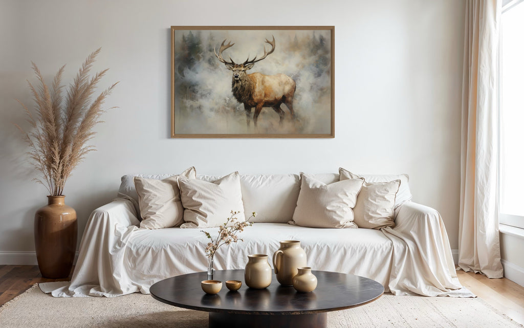 Elk In Smokey Forest Framed Rustic Canvas Wall Art