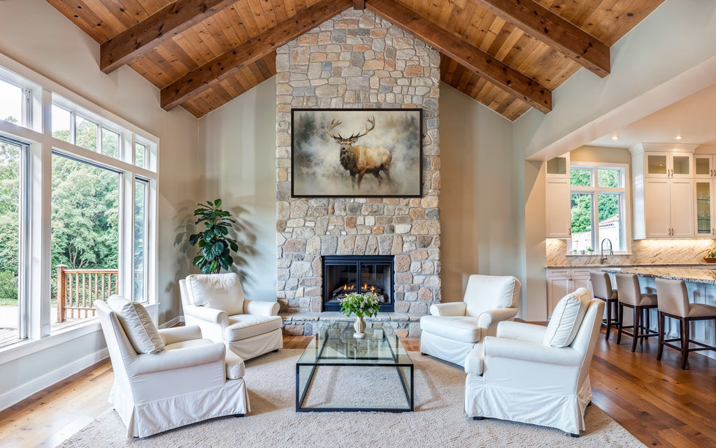 Elk In Smokey Forest Framed Rustic Canvas Wall Art