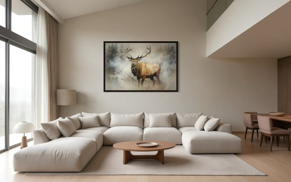 Elk In Smokey Forest Framed Rustic Canvas Wall Art