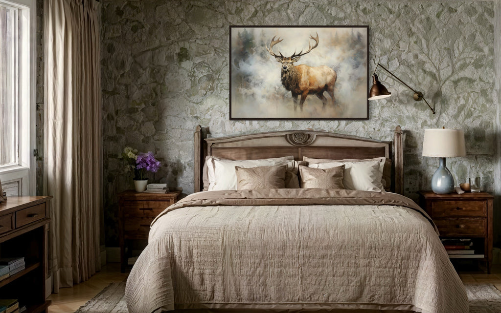 Elk In Smokey Forest Framed Rustic Canvas Wall Art